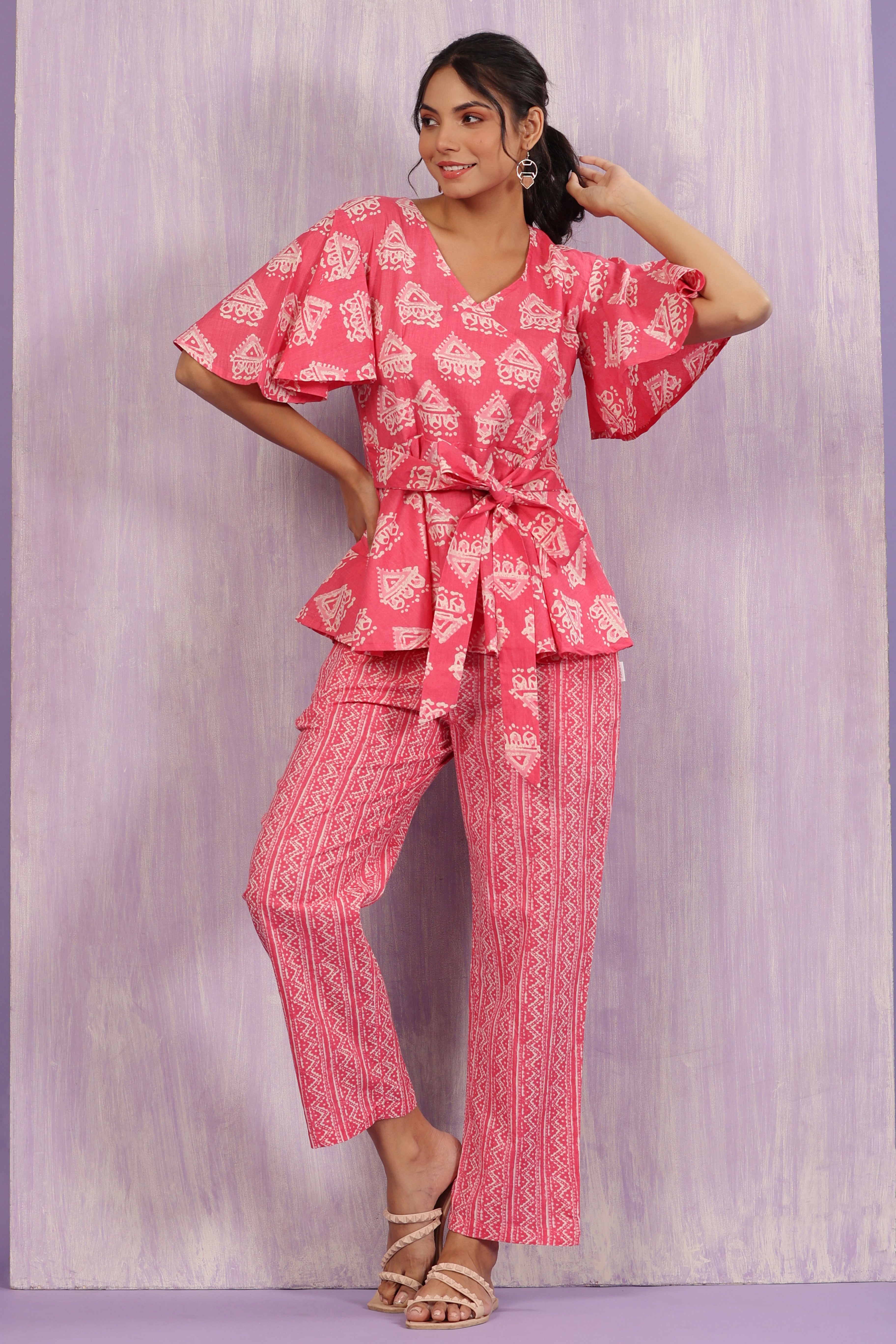 Bagru Batik Print on Pink Loungewear Top Set