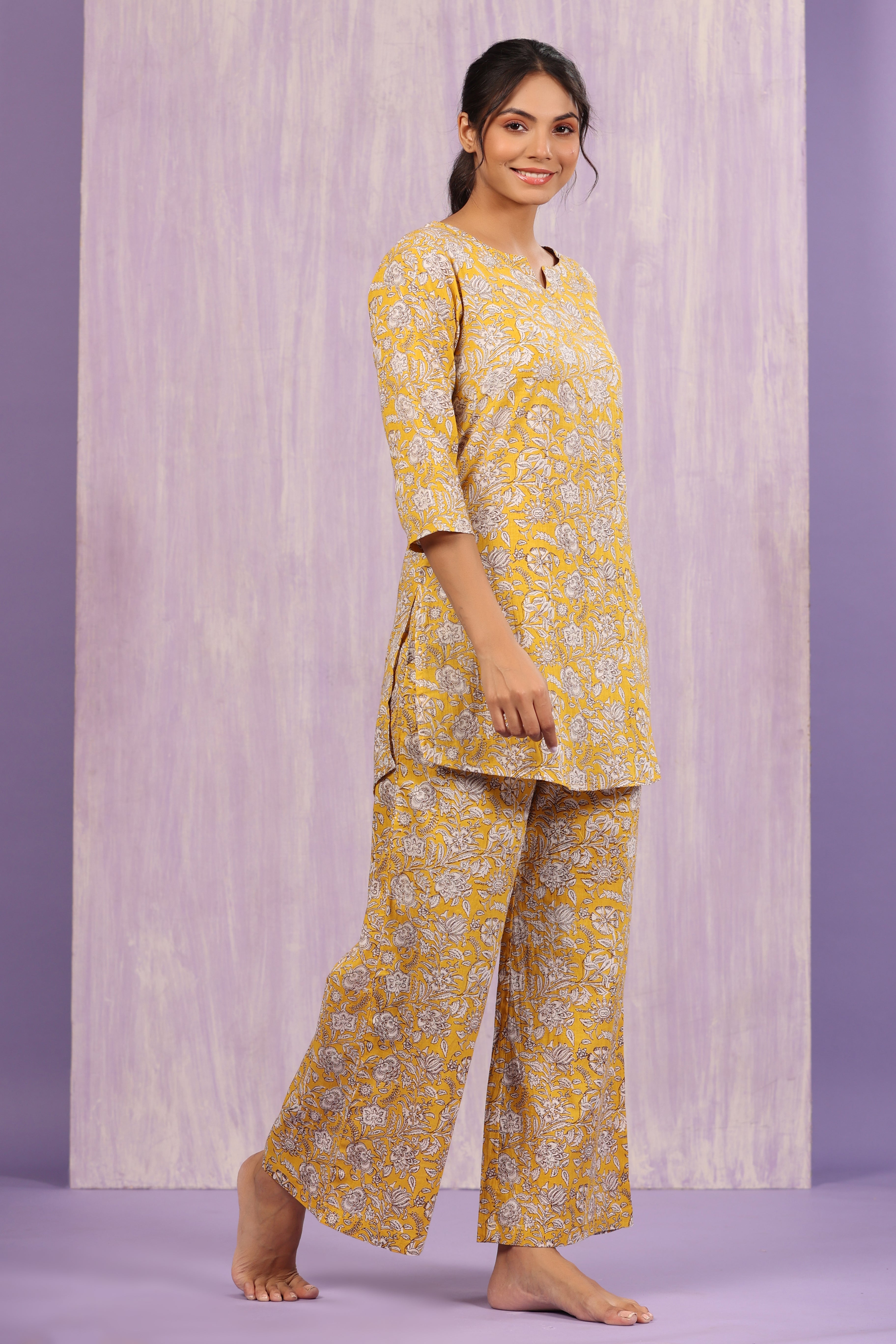 Floral Mosaic on Mustard Palazzo Loungewear Set