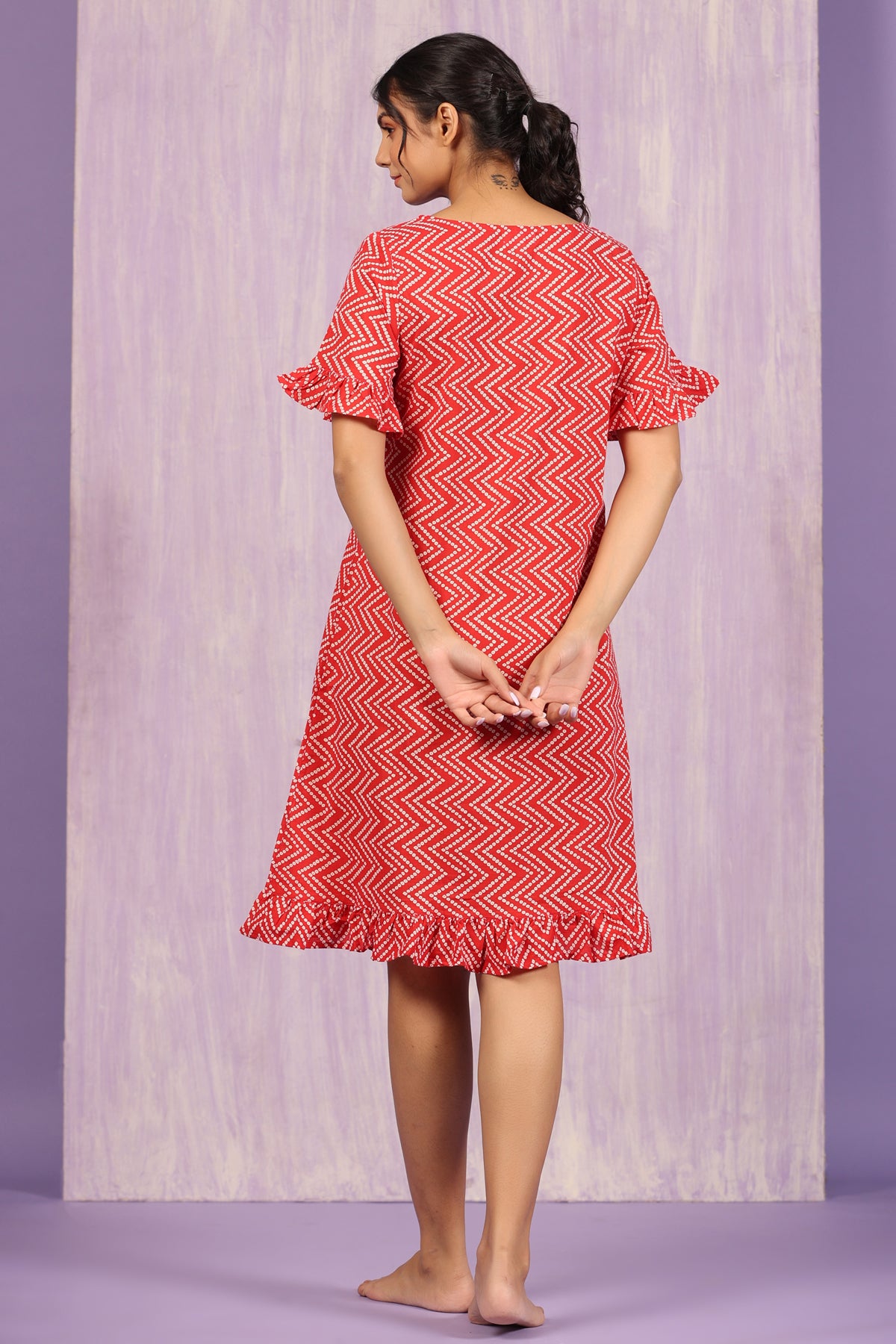 Patterned Bhandej on Red Cotton T-shirt Dress