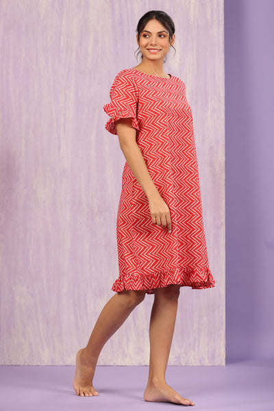 Patterned Bhandej on Red Cotton T-shirt Dress
