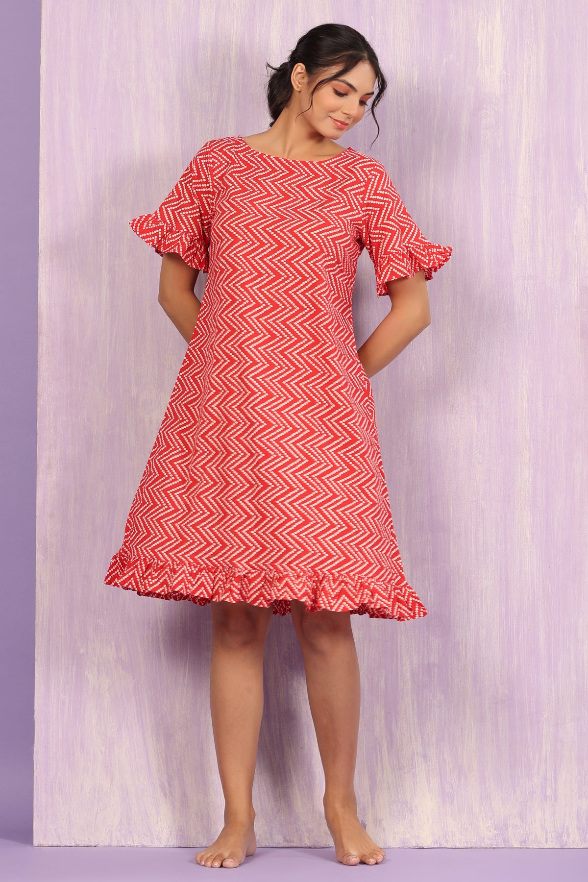 Patterned Bhandej on Red Cotton T-shirt Dress