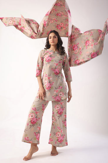 Women's Flower Sleepwear PJs Pink Floral Leaves Print Long Pajama Set Lounge