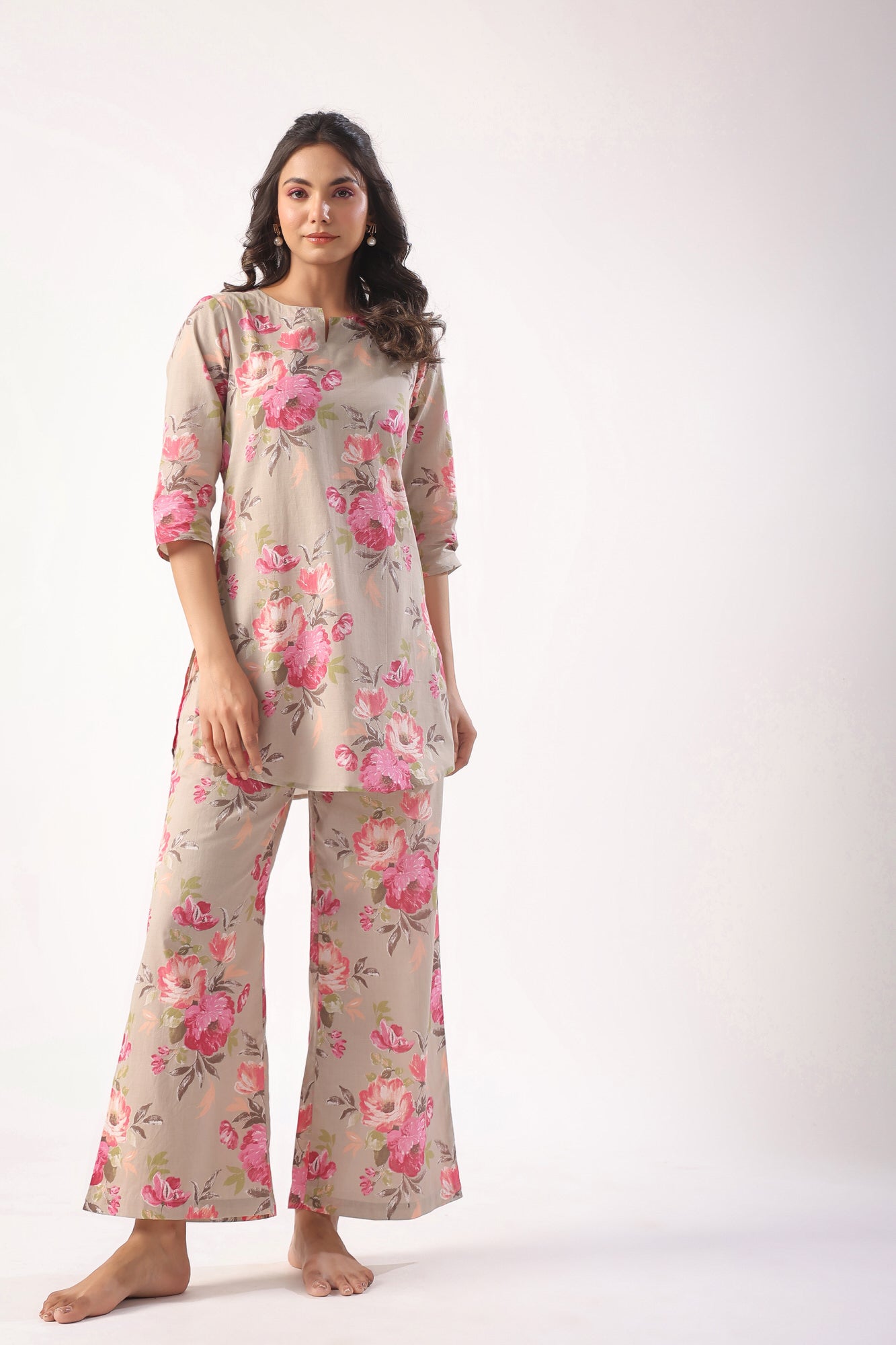 Floral Motifs On Grey Palazzo Loungewear Set