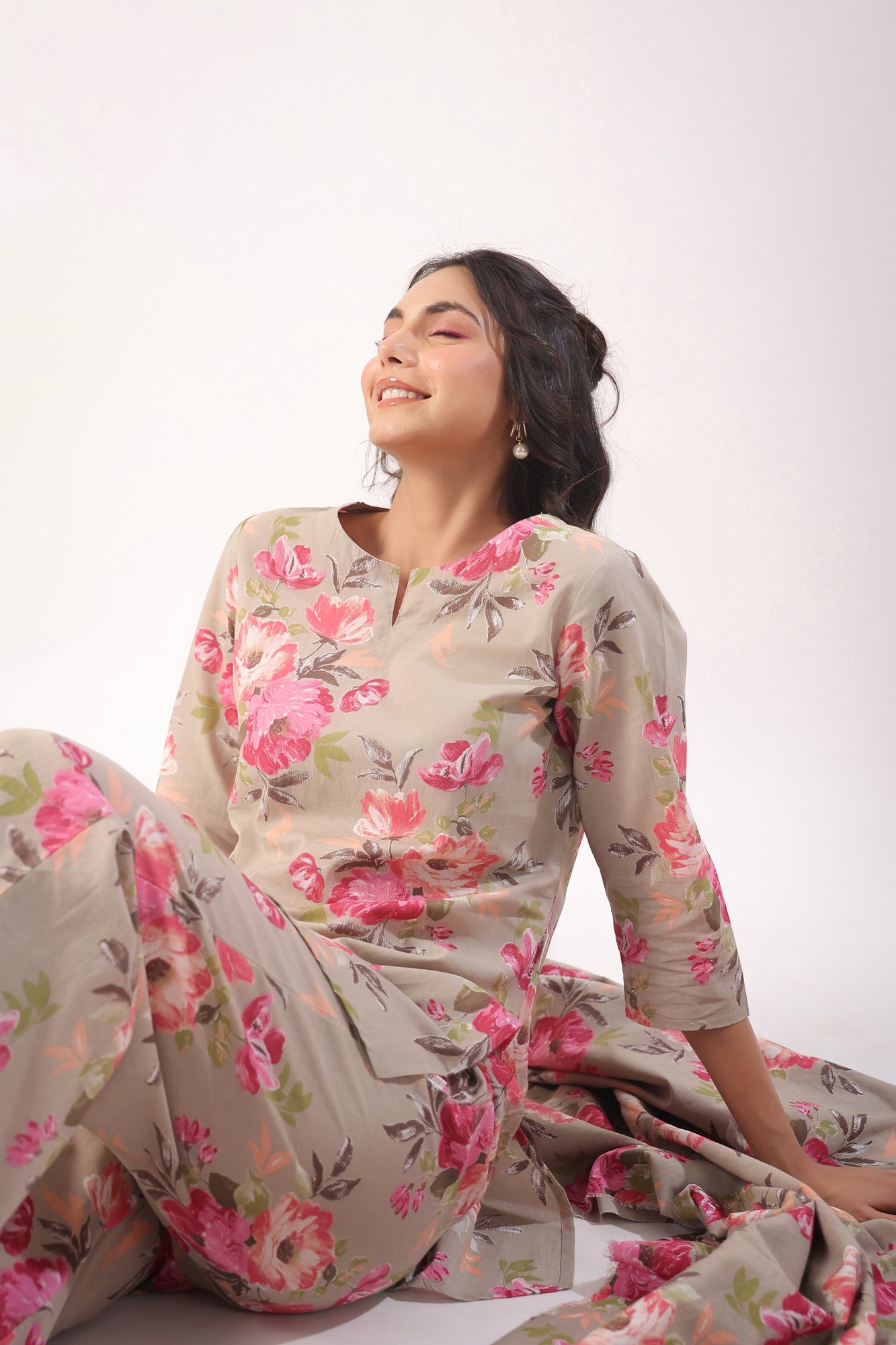 Floral Motifs On Grey Palazzo Loungewear Set