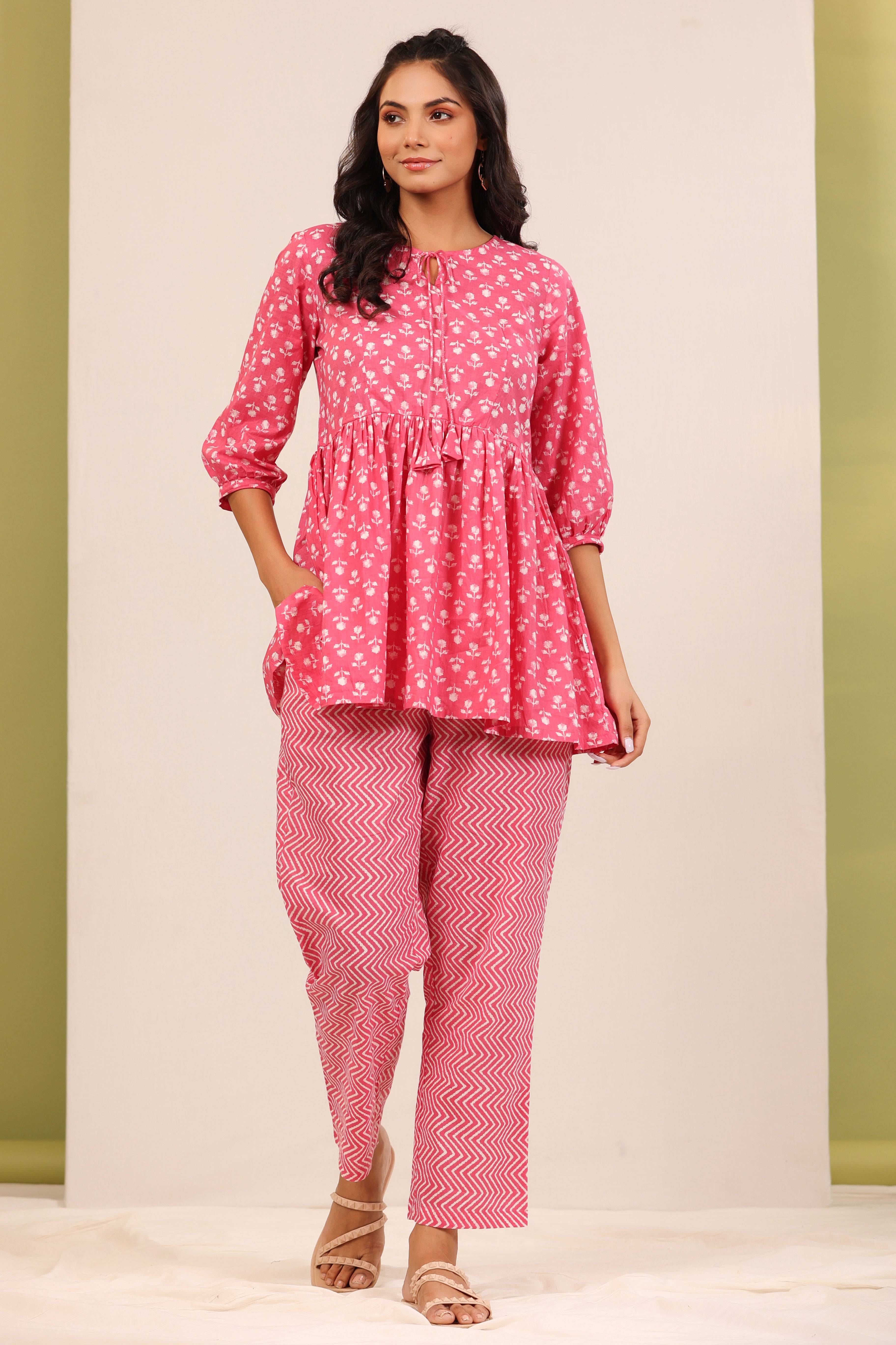 Petite Flowers on Pink Peplum Loungewear Top Set