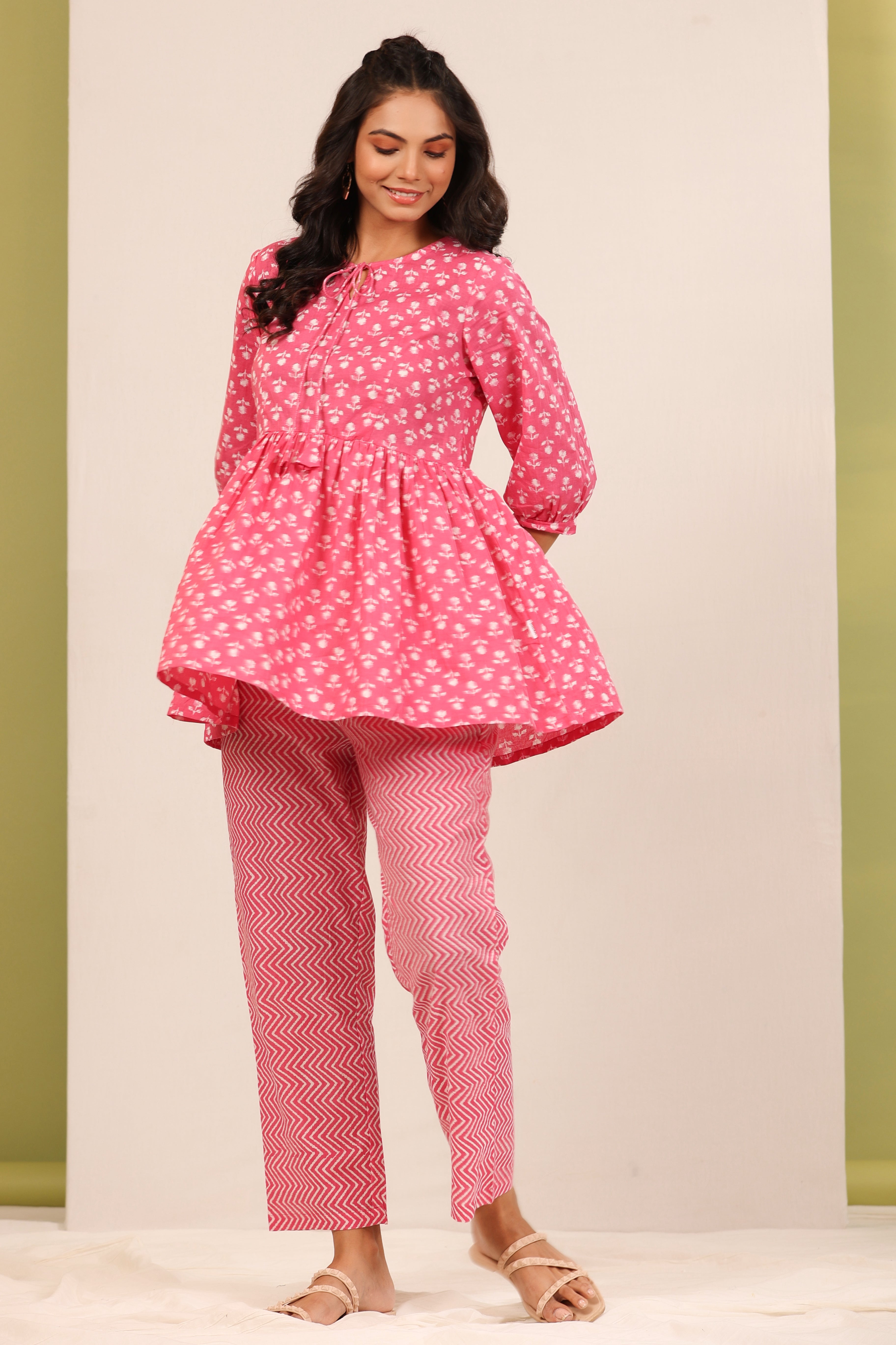 Petite Flowers on Pink Peplum Loungewear Top Set