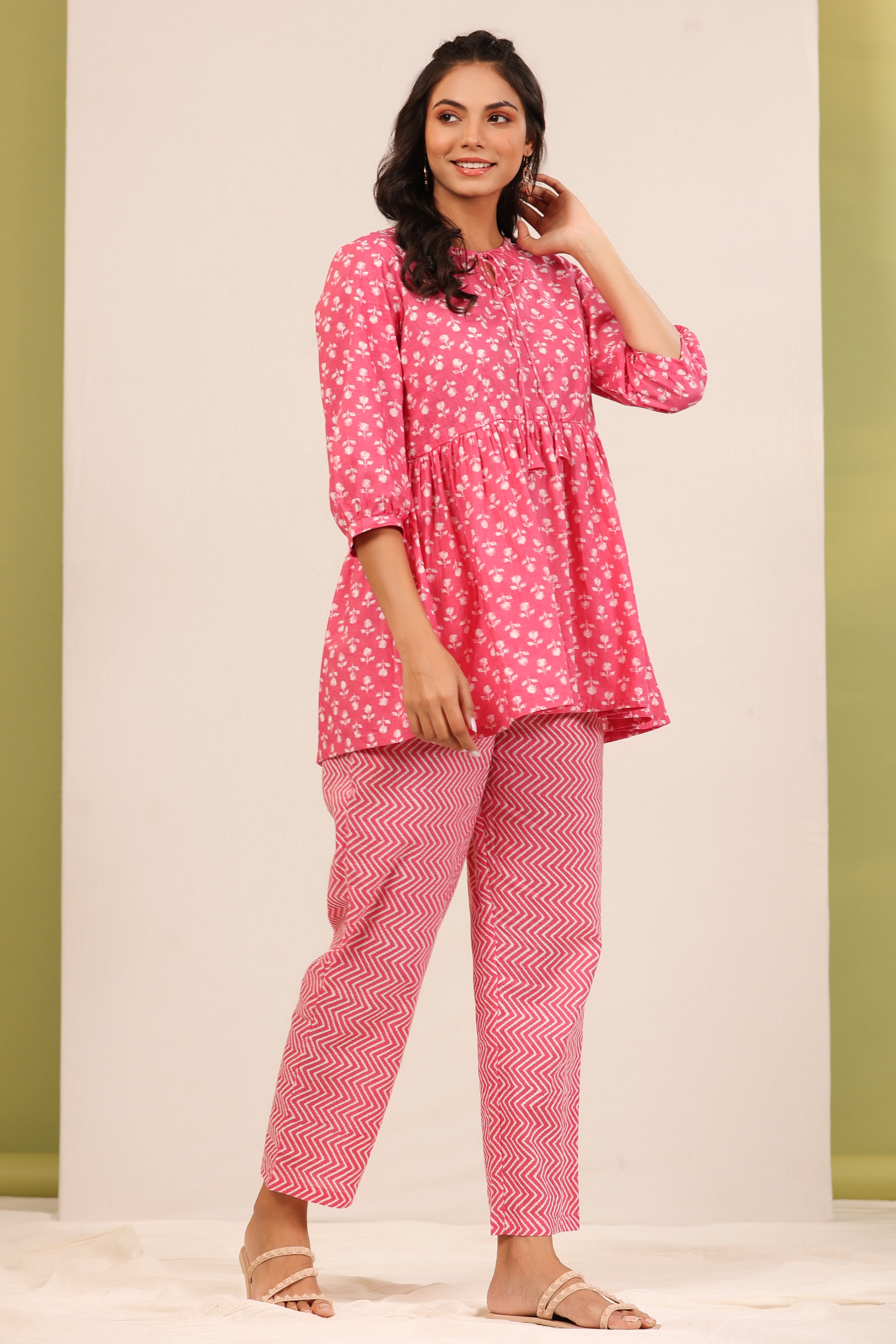 Petite Flowers on Pink Peplum Loungewear Top Set