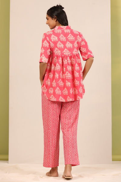 Bagru Batik Print on Pink Peplum Top Set