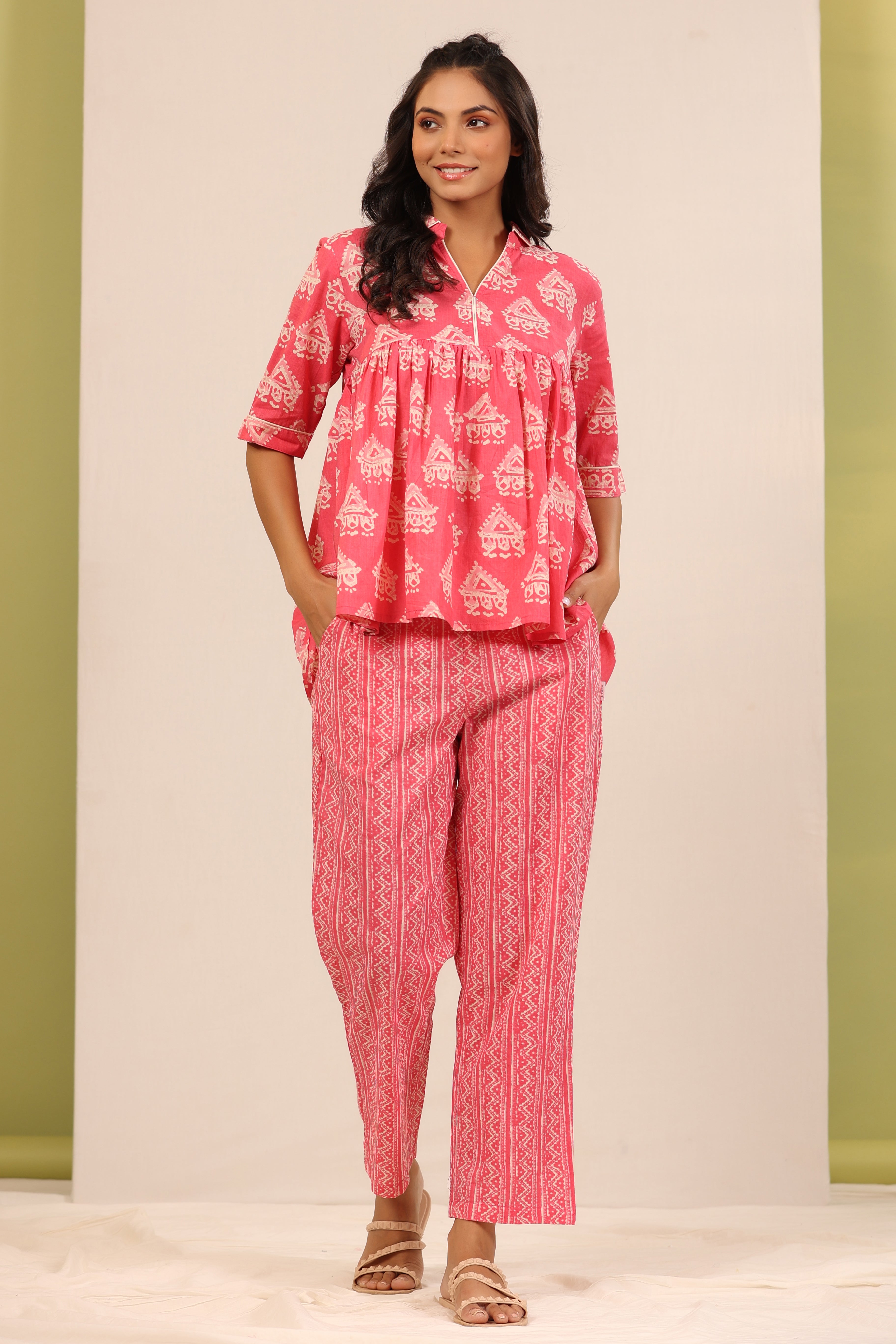 Bagru Batik Print on Pink Peplum Loungewear Top Set