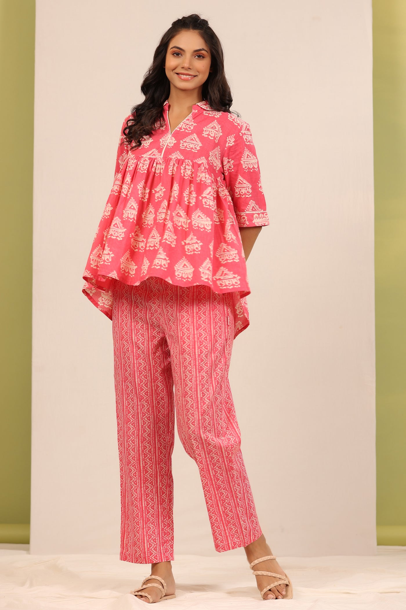 Bagru Batik Print on Pink Peplum Top Set