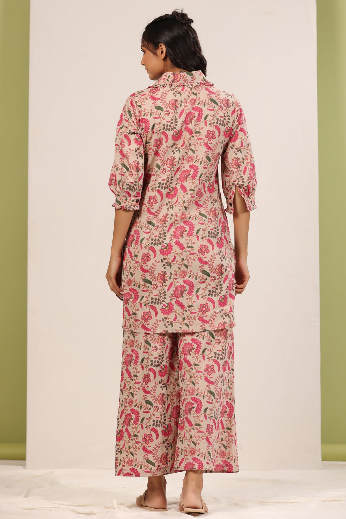 Floral Jaal on Beige Palazzo Loungewear Set