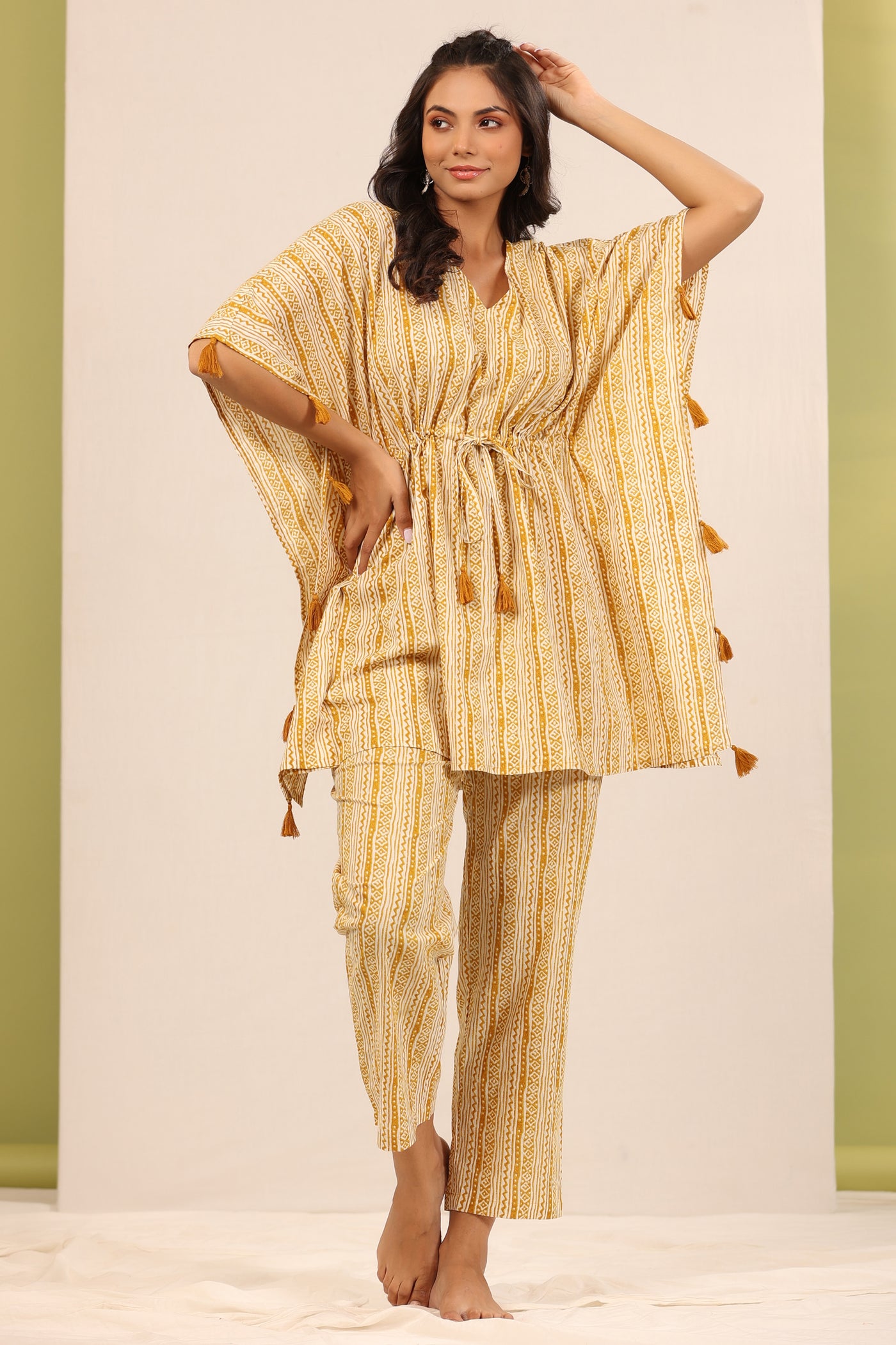 Patterned Twines on Mustard Kaftan Pyjama Set