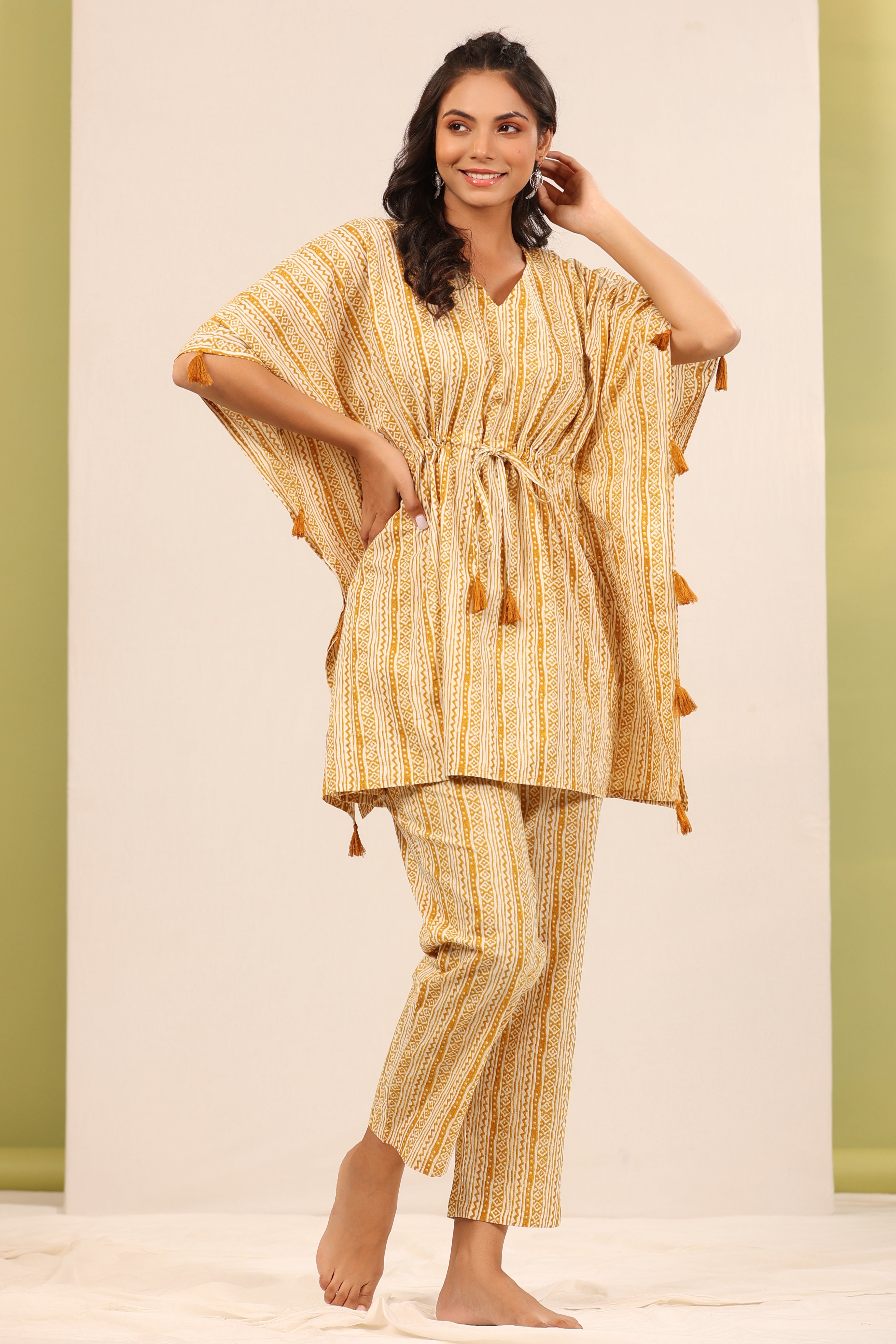 Patterned Twines on Mustard Kaftan Pyjama Set