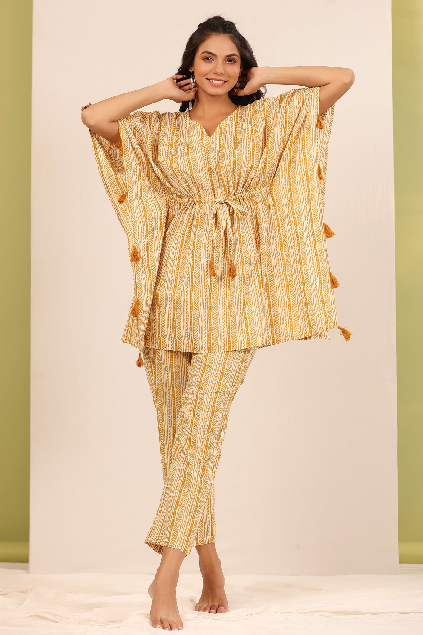 Patterned Twines on Mustard Kaftan Pyjama Set