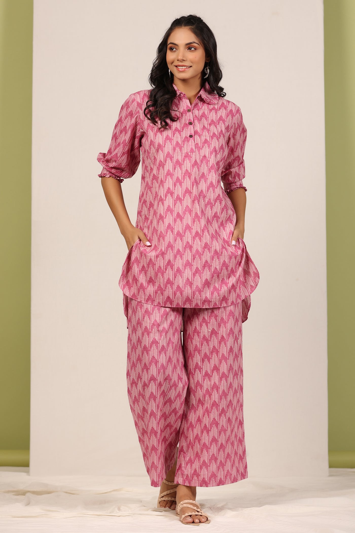 Ikat Shibori On Pink Loungewear Plazzo Set