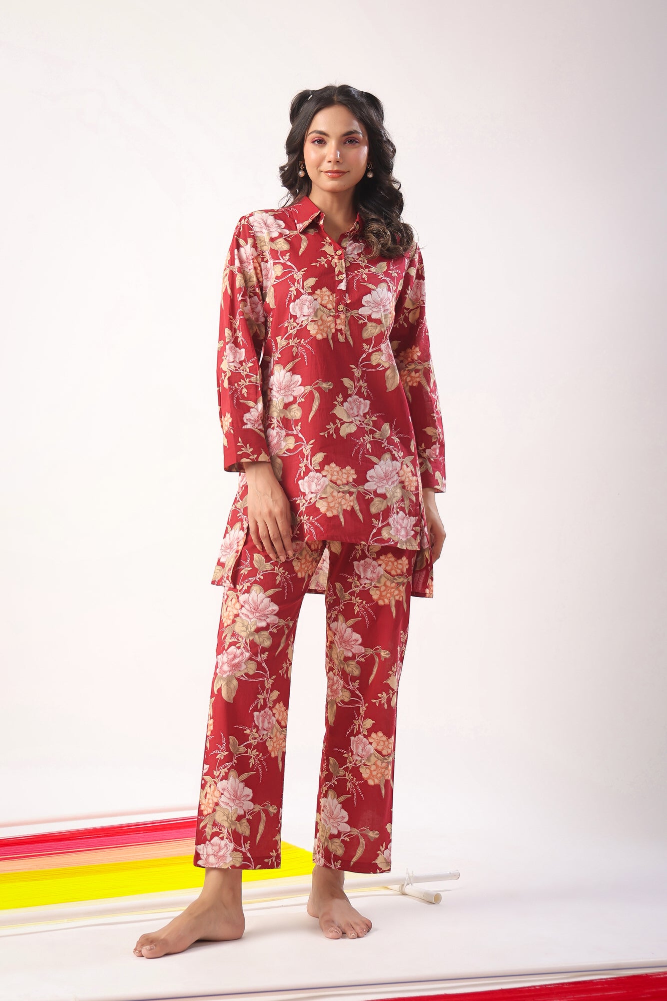 Florals on Maroon Loungewear Top Set