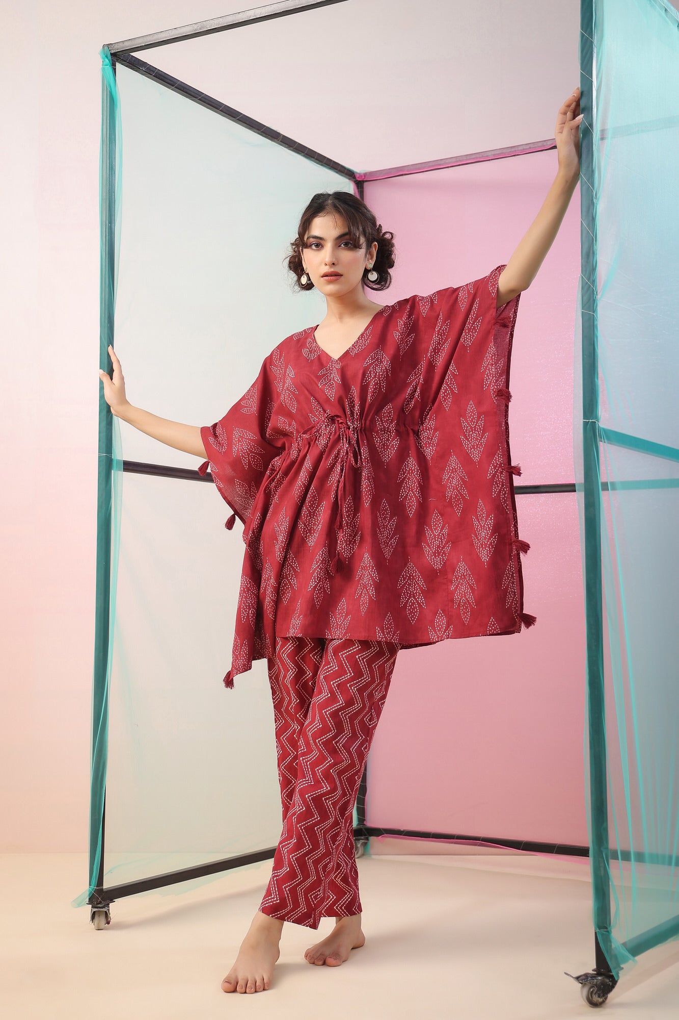 Maroon Shibori Kaftan Co-ord Set