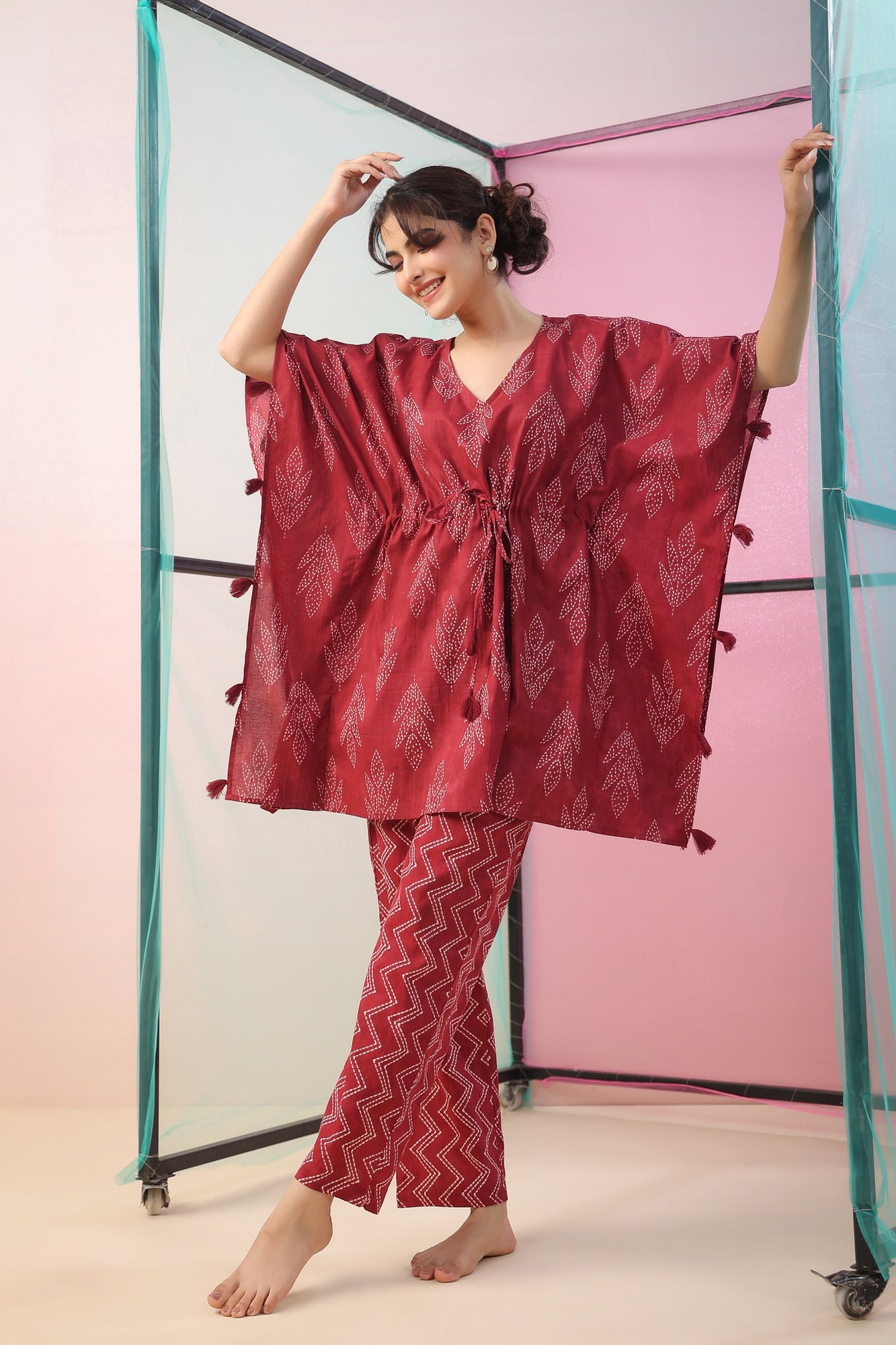 Maroon Shibori Kaftan Co-ord Set