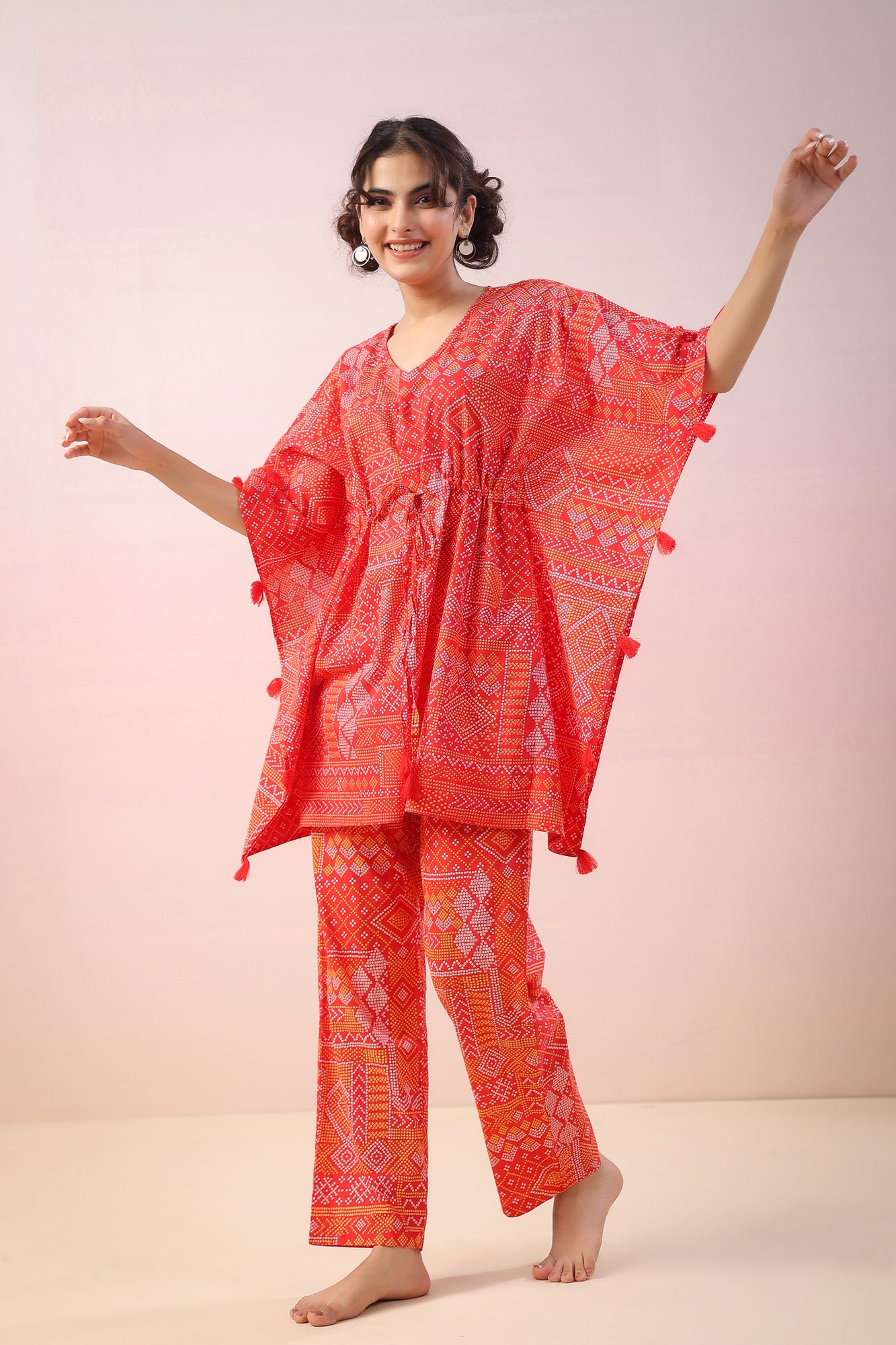 Bandhej on Red Kaftan Co-ord Set