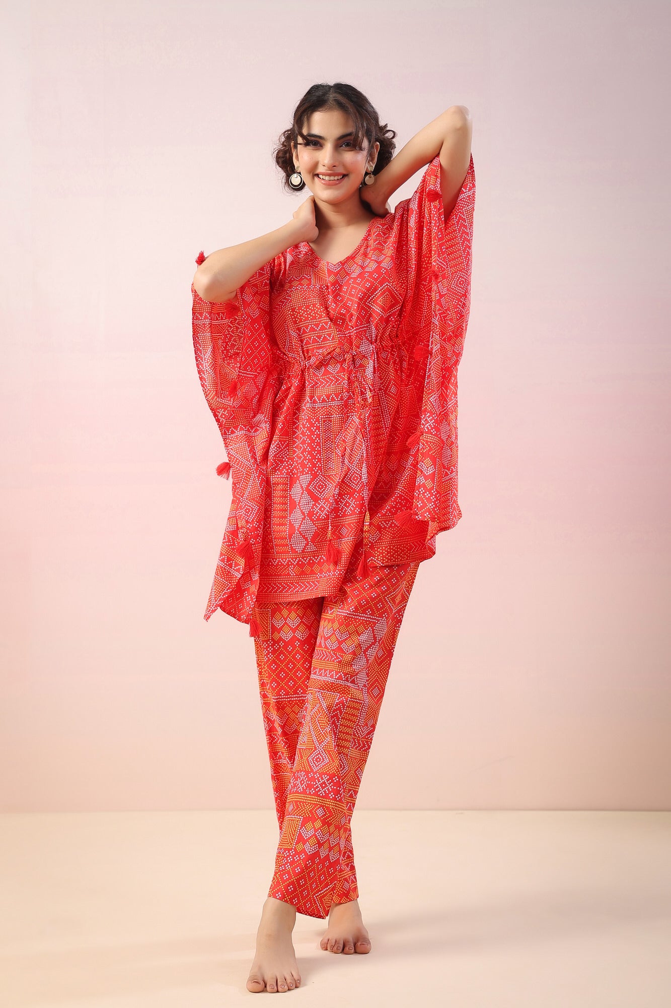 Bandhej on Red Kaftan Co-ord Set