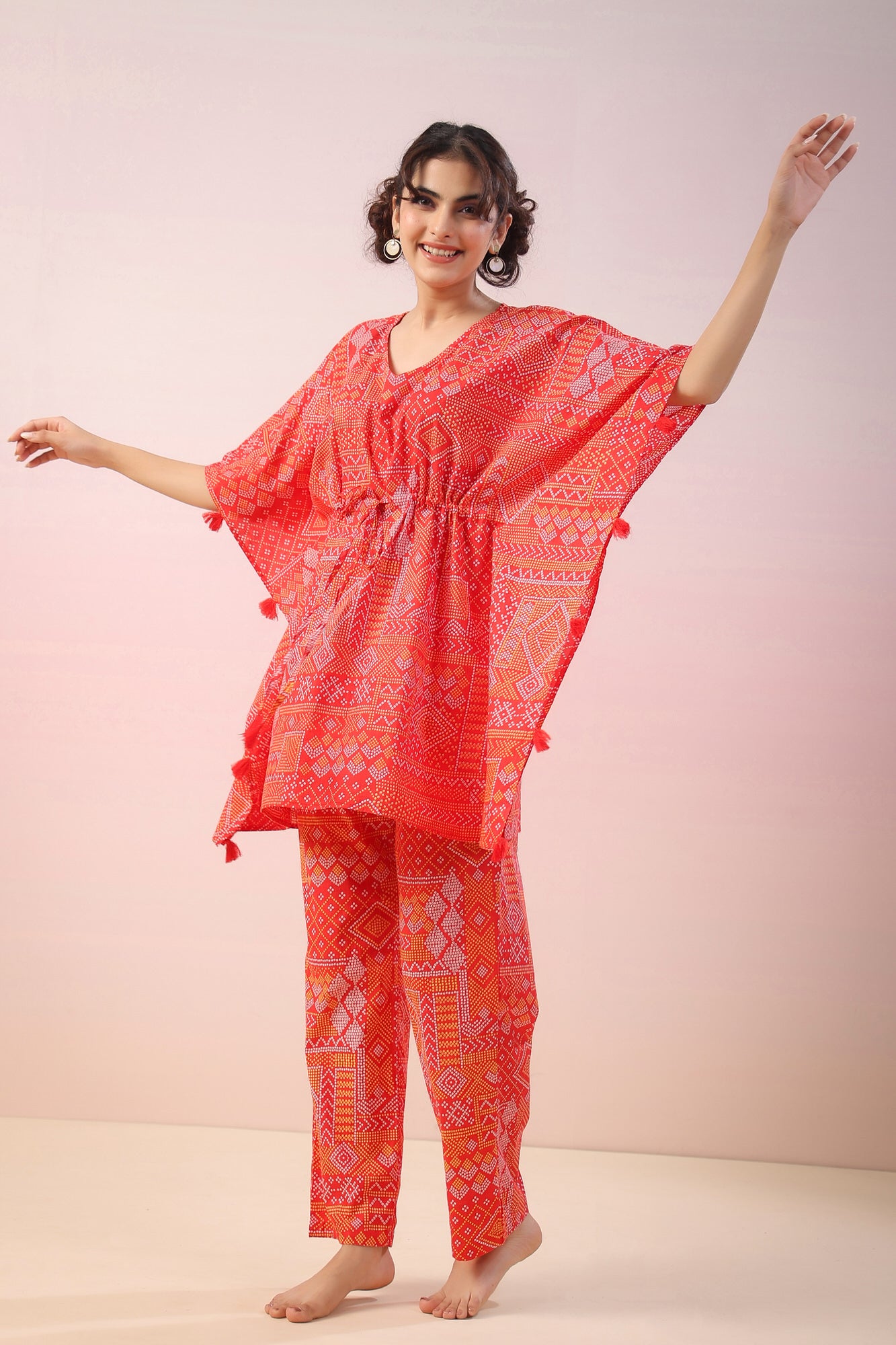 Bandhej on Red Kaftan Co-ord Set