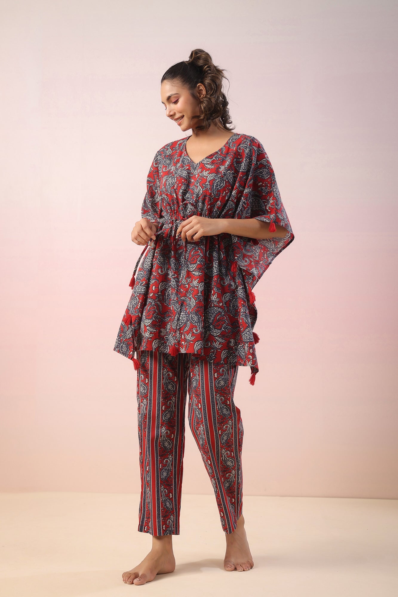 Jaal Print on Red Kaftan Co-ord Set