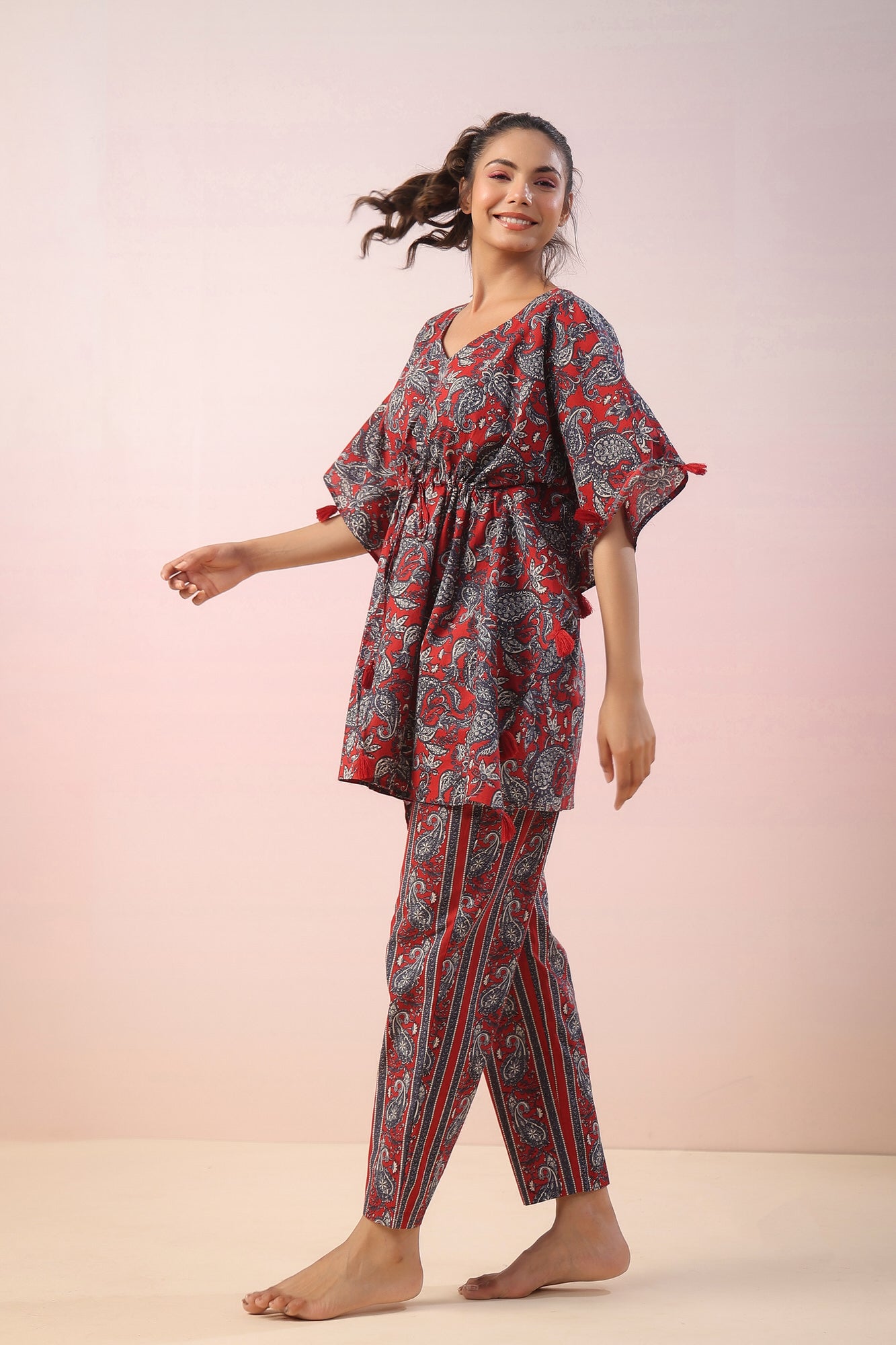 Jaal Print on Red Kaftan Co-ord Set