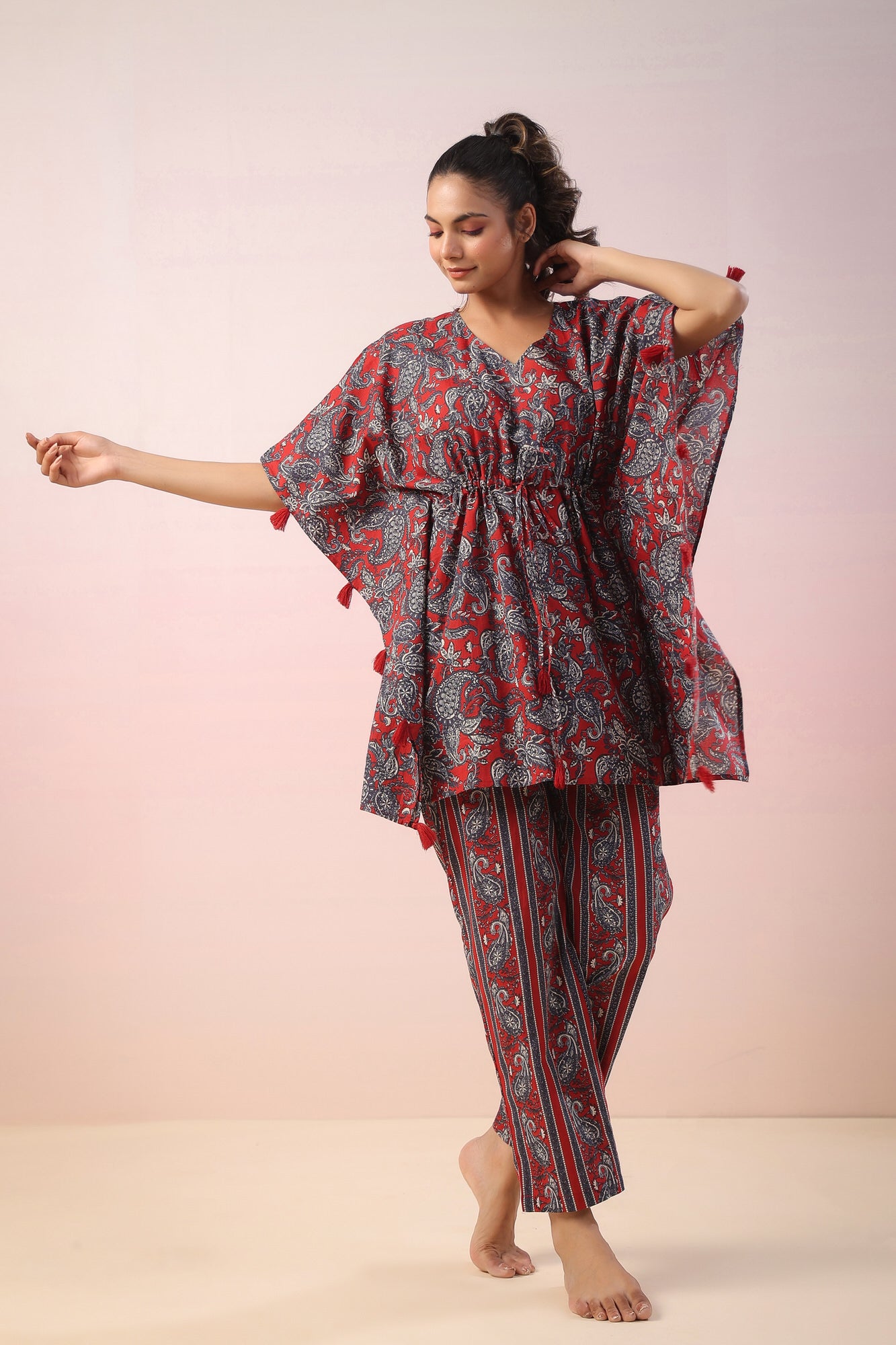 Jaal Print on Red Kaftan Co-ord Set