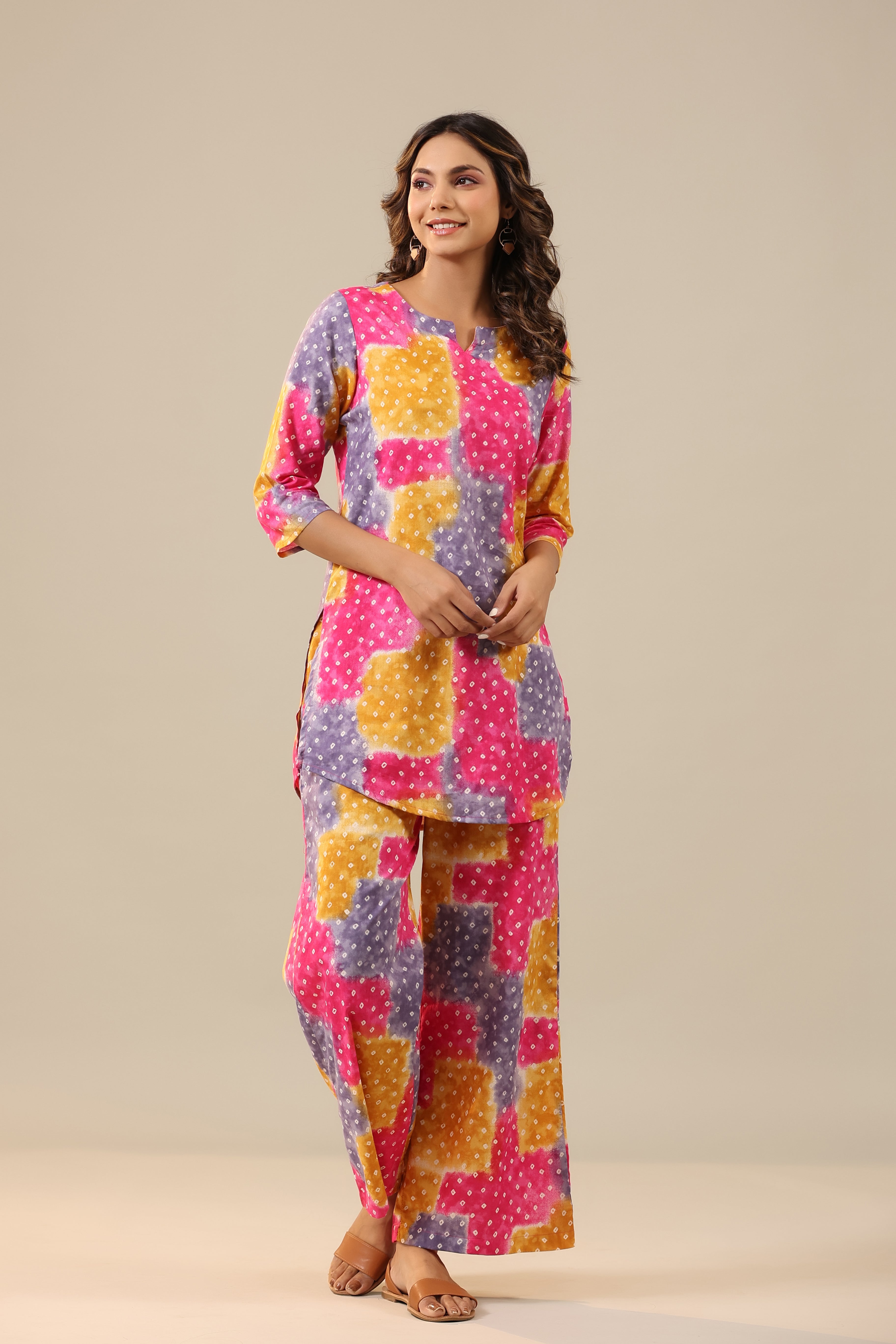 Multicoloured Bandhej on Palazzo Loungewear Set