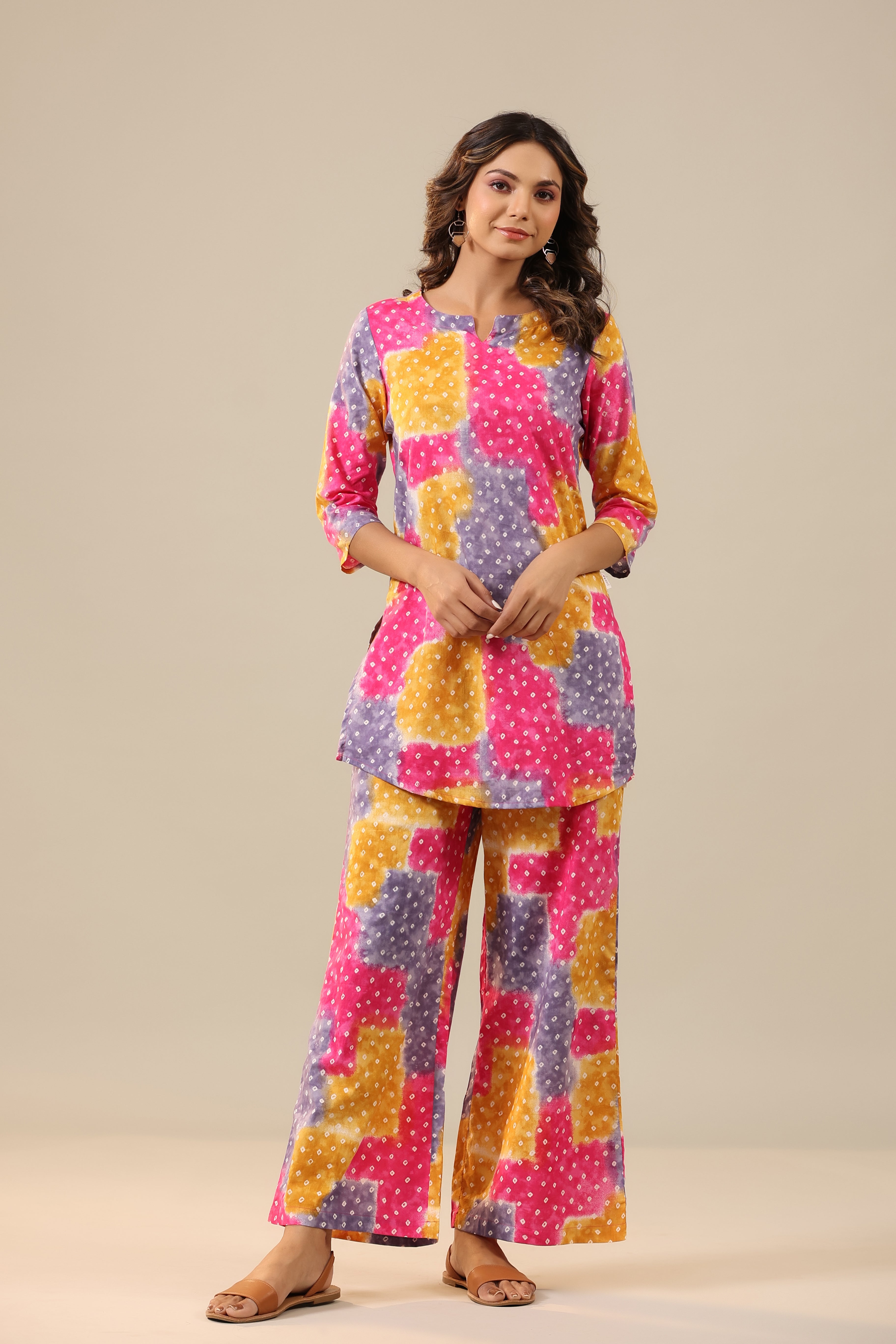 Multicoloured Bandhej on Palazzo Loungewear Set