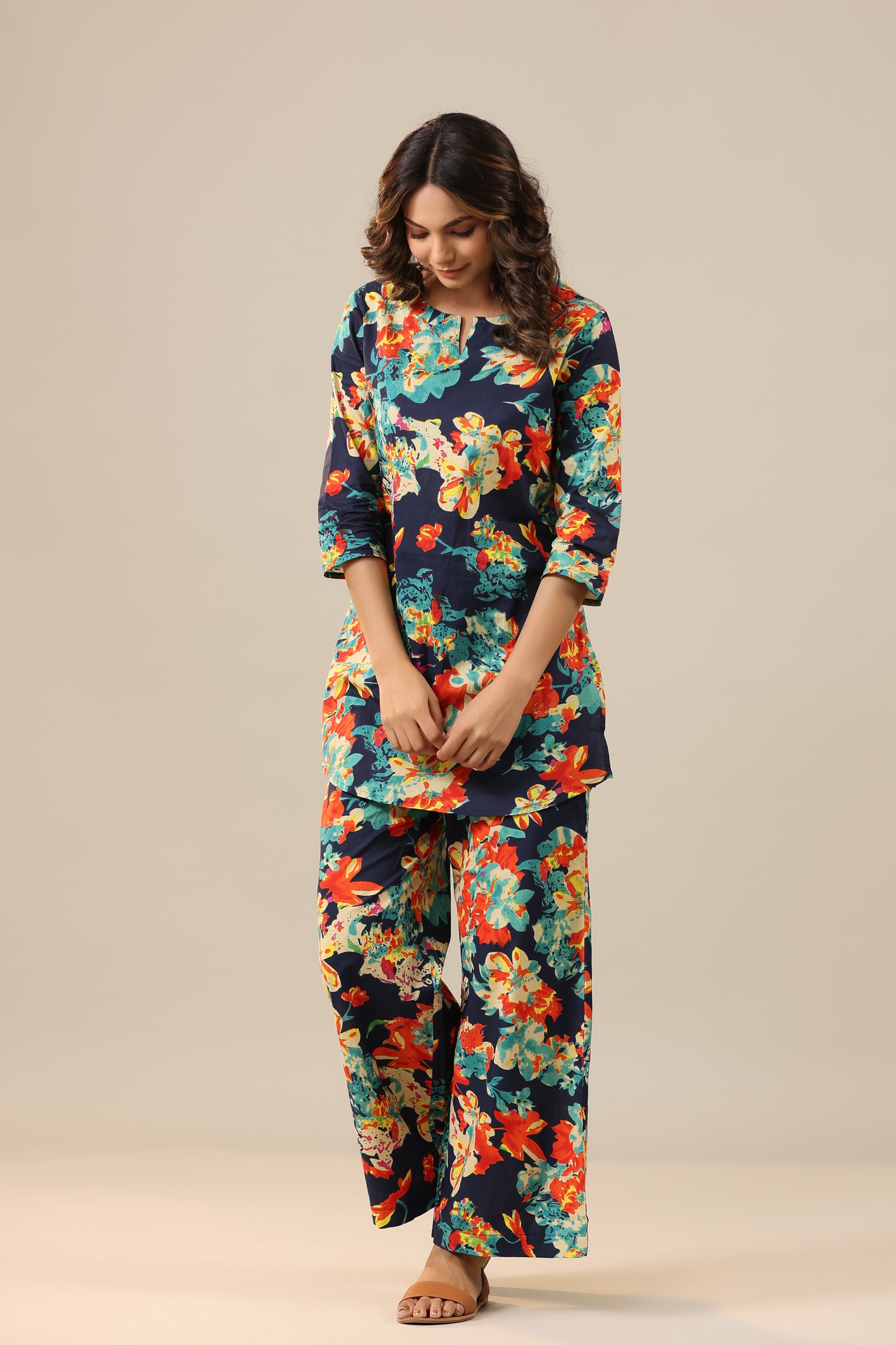 Abstract Pop Jaal on Blue Cotton Palazzo Loungewear Set