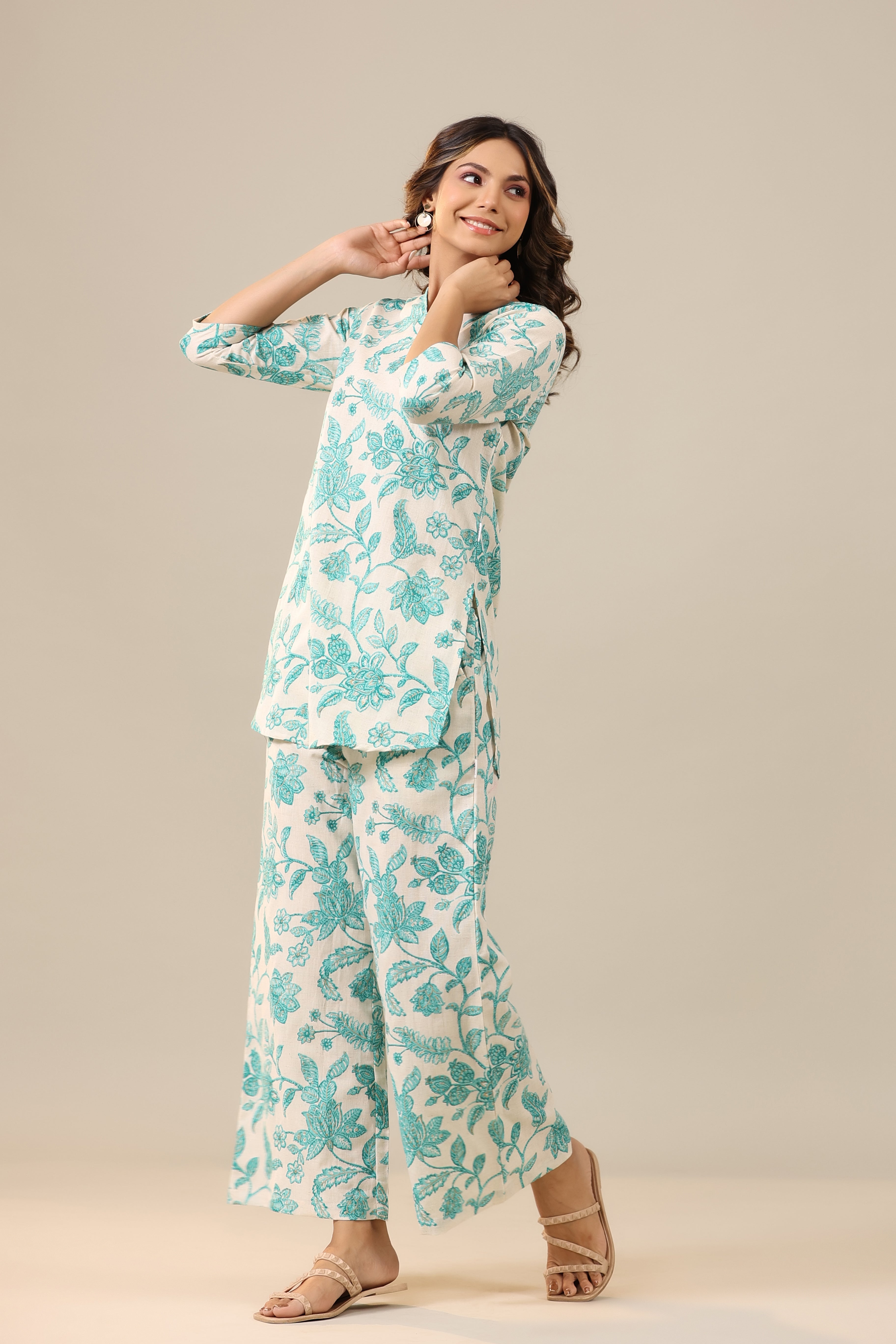 Blue Jaal on White Cotton Flex Palazzo Loungewear Set