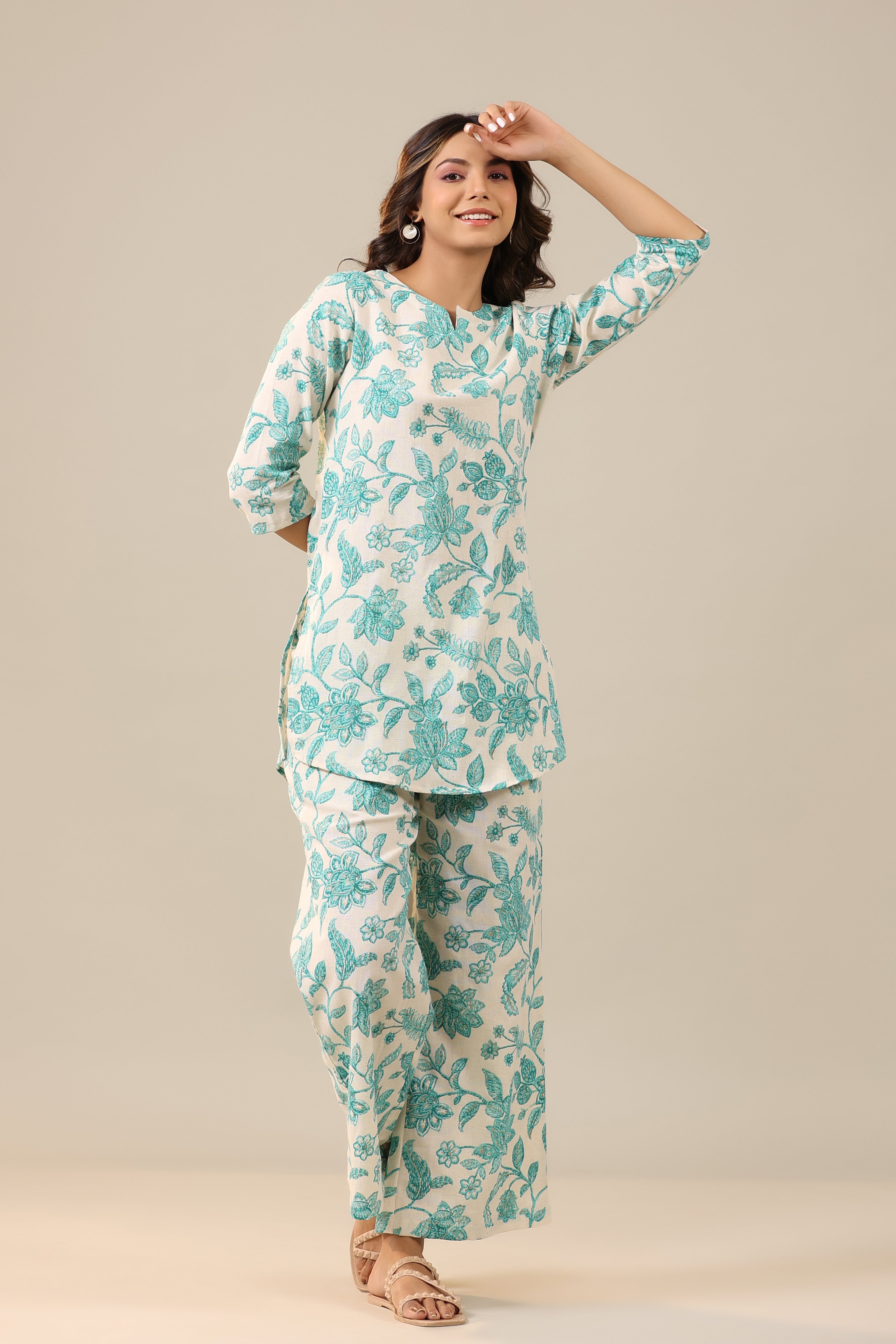 Blue Jaal on White Cotton Flex Palazzo Loungewear Set