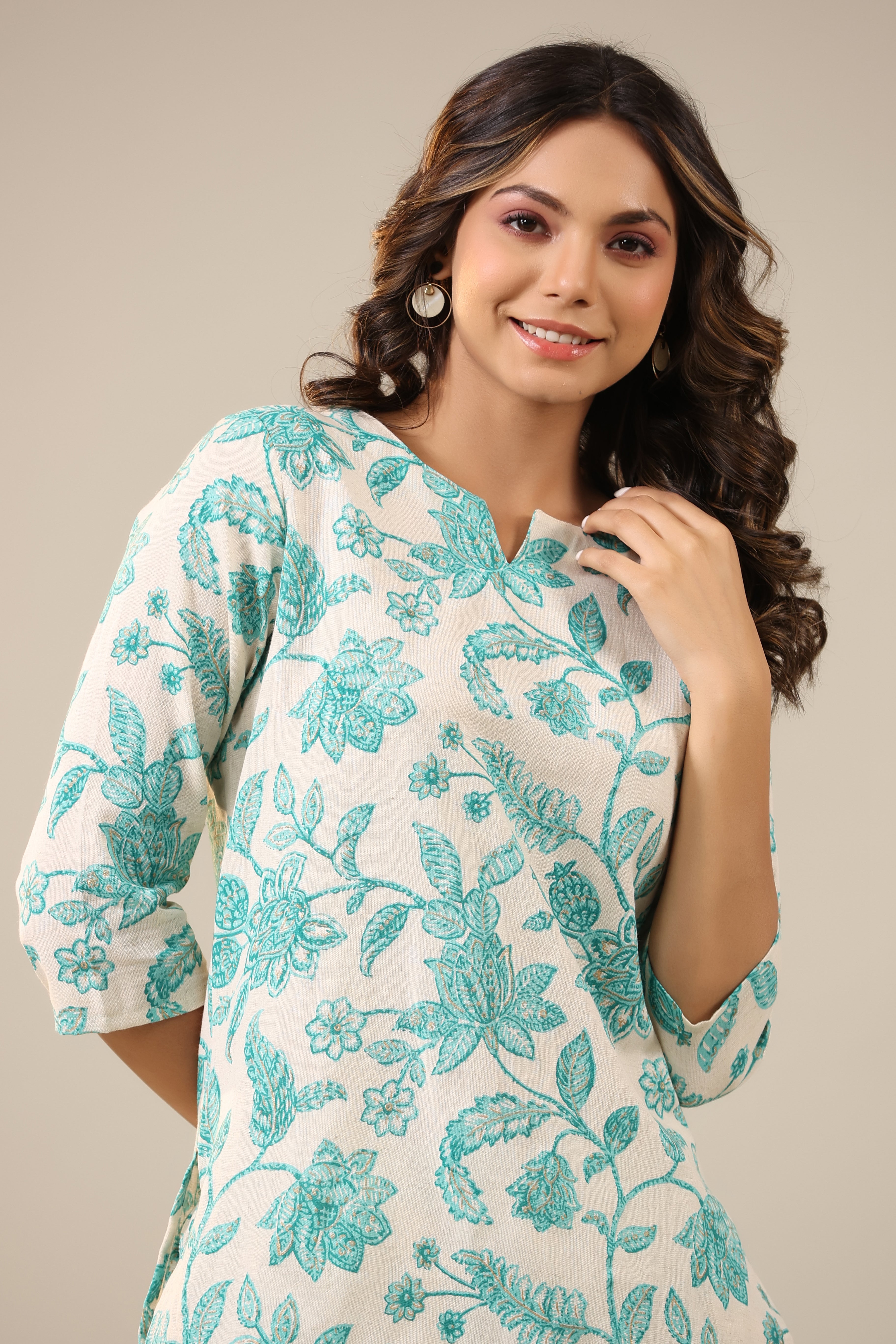 Blue Jaal on White Cotton Flex Palazzo Loungewear Set