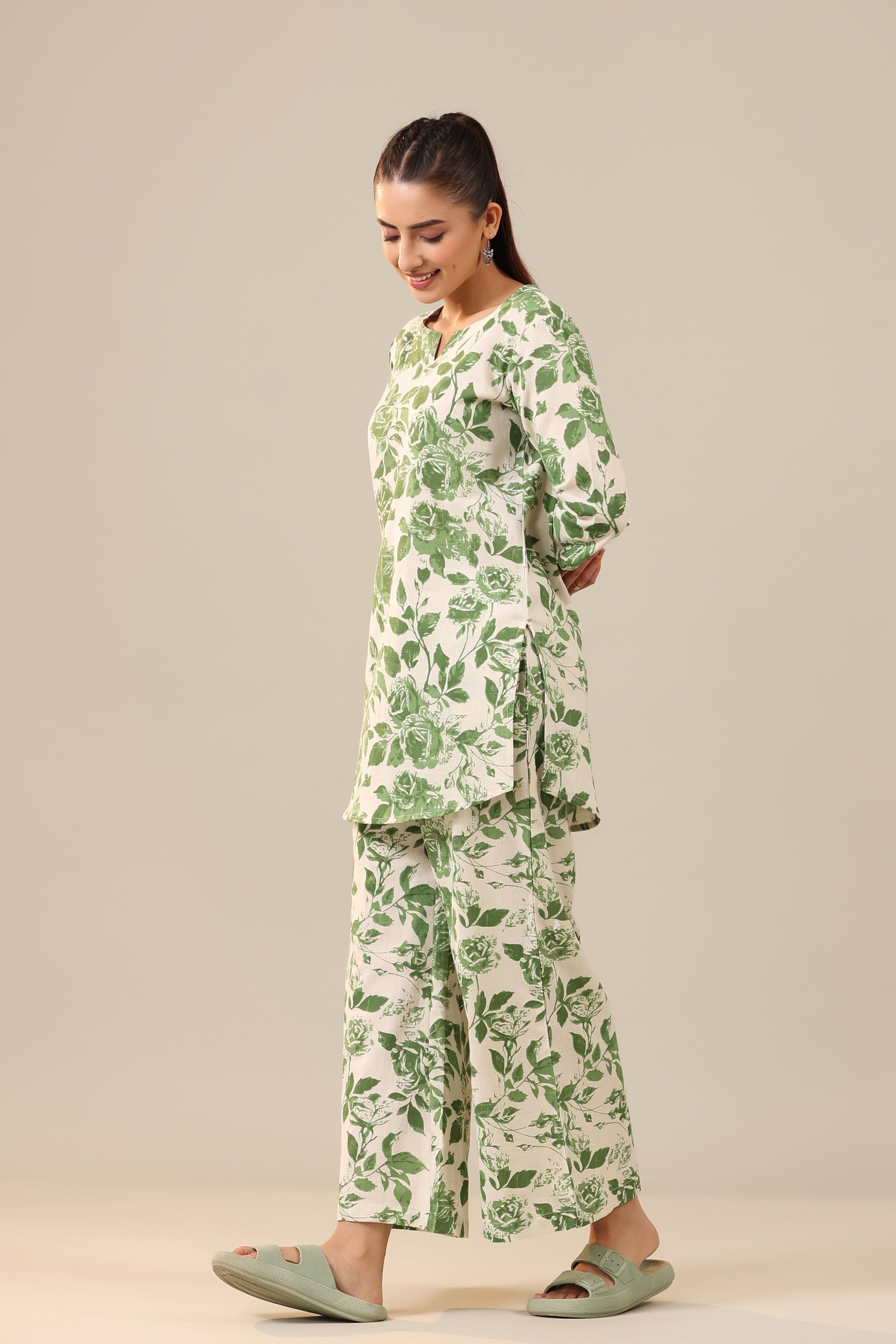 Green Jaal on Off White Cotton Flex Palazzo Loungewear Set