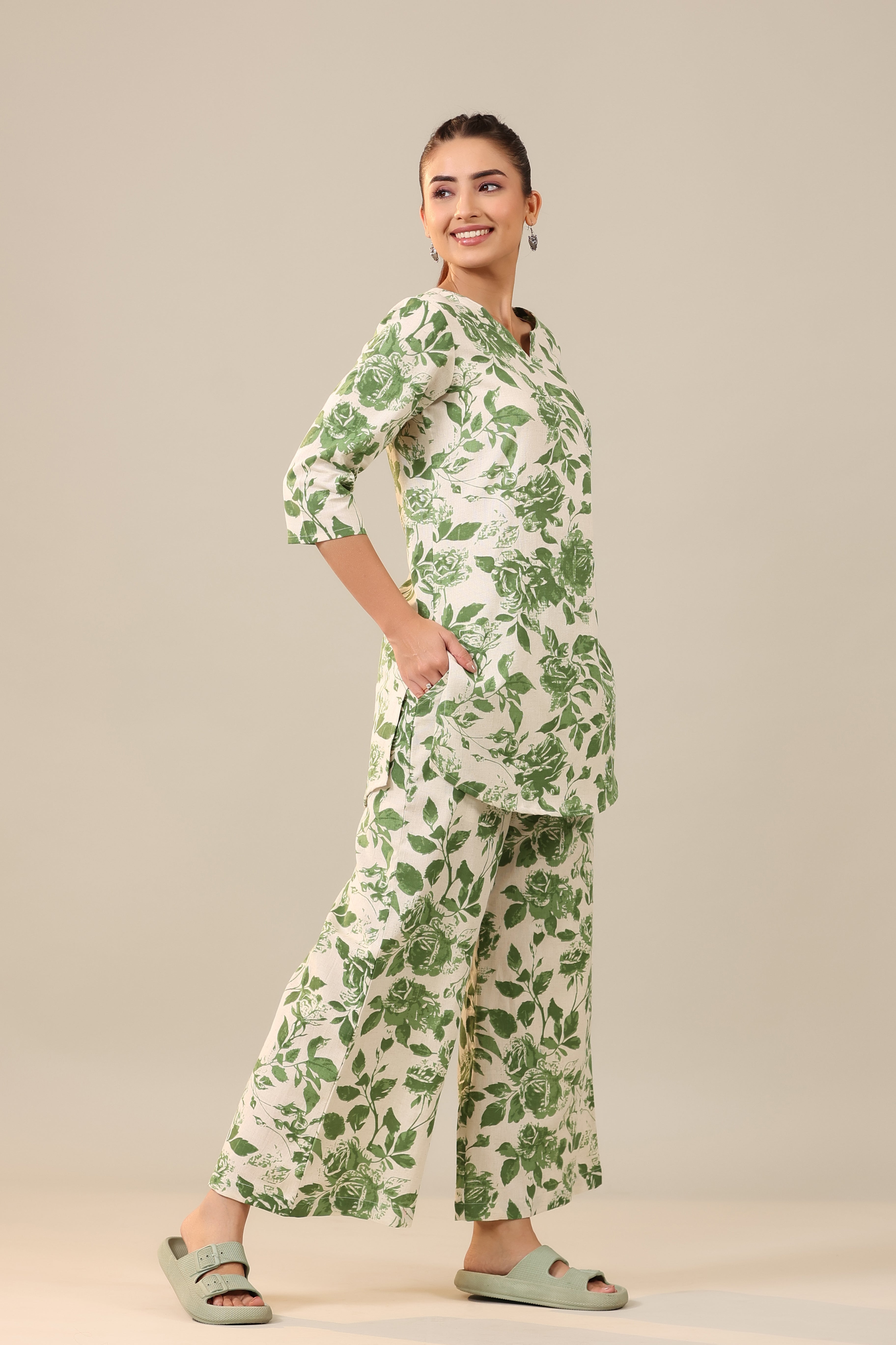 Green Jaal on Off White Cotton Flex Palazzo Loungewear Set