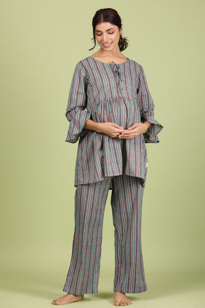 Geometrical Stripes on Grey Maternity Feeding Peplum Cotton Lounge Set