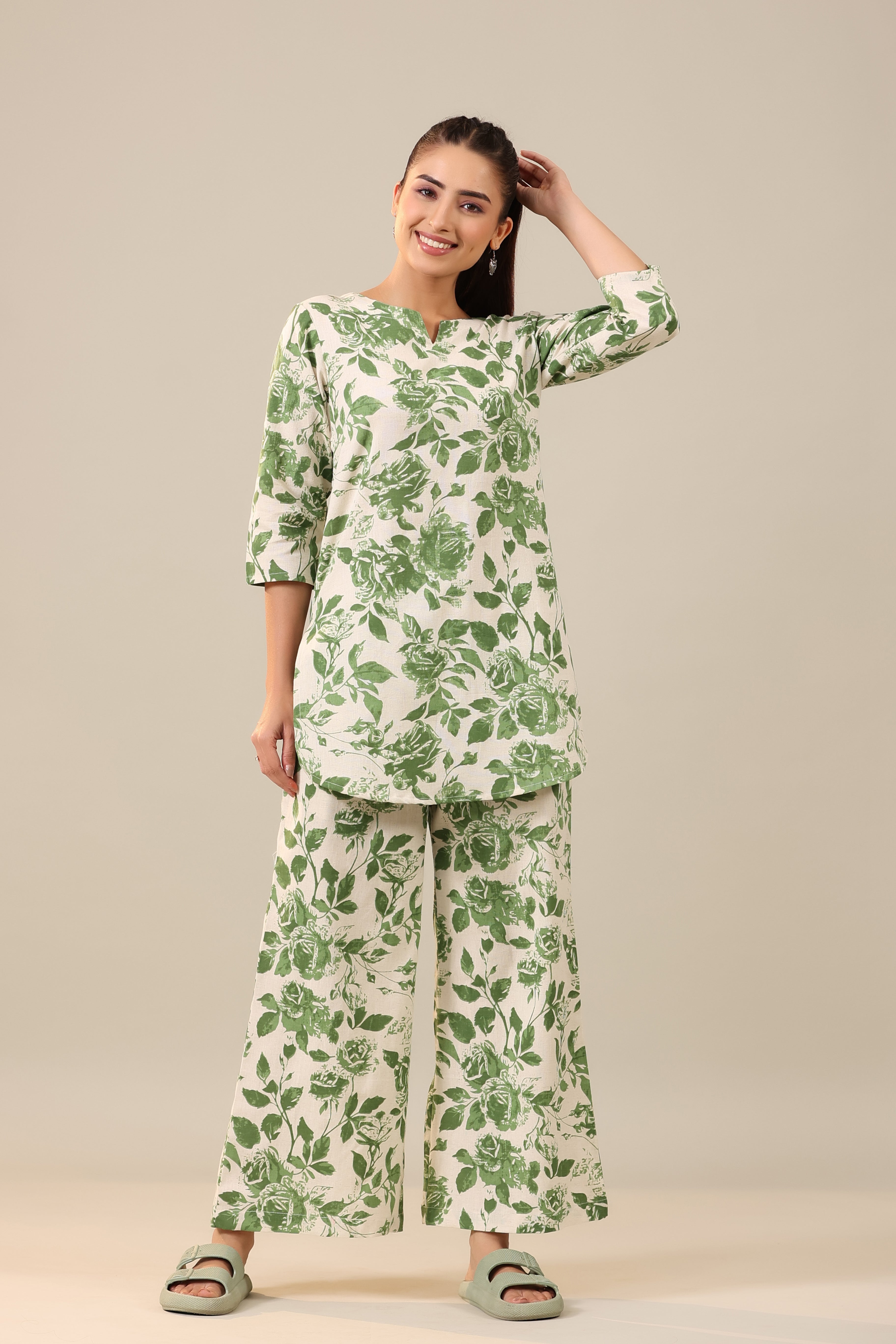 Green Jaal on Off White Cotton Flex Palazzo Loungewear Set