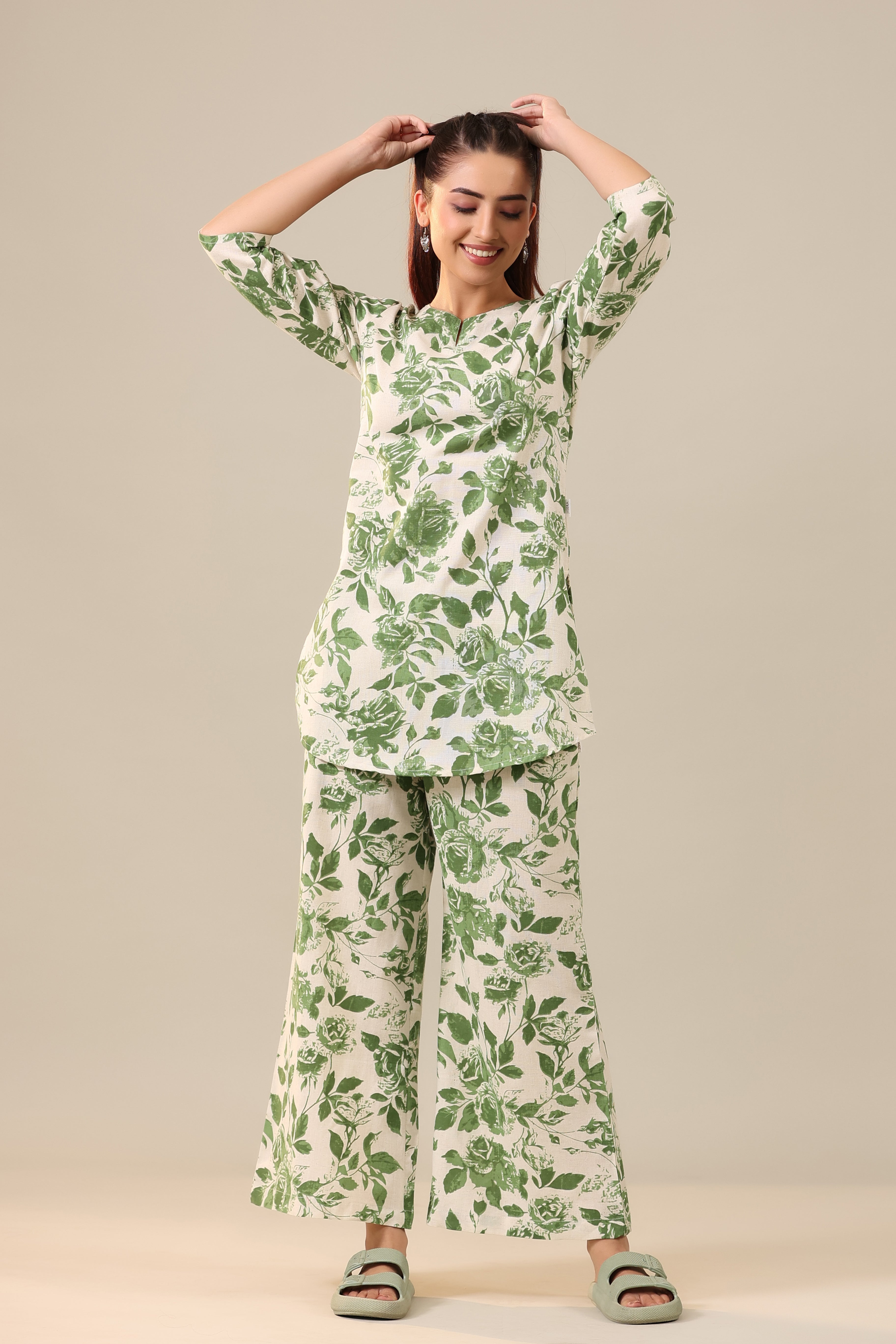 Green Jaal on Off White Cotton Flex Palazzo Loungewear Set