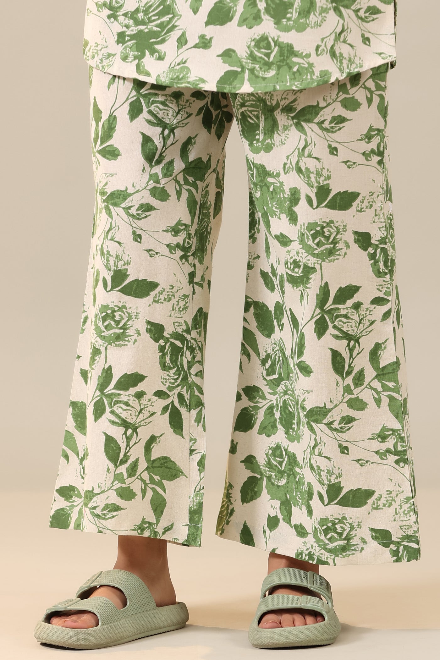 Green Jaal on Off White Cotton Flex Loungewear Palazzo Set