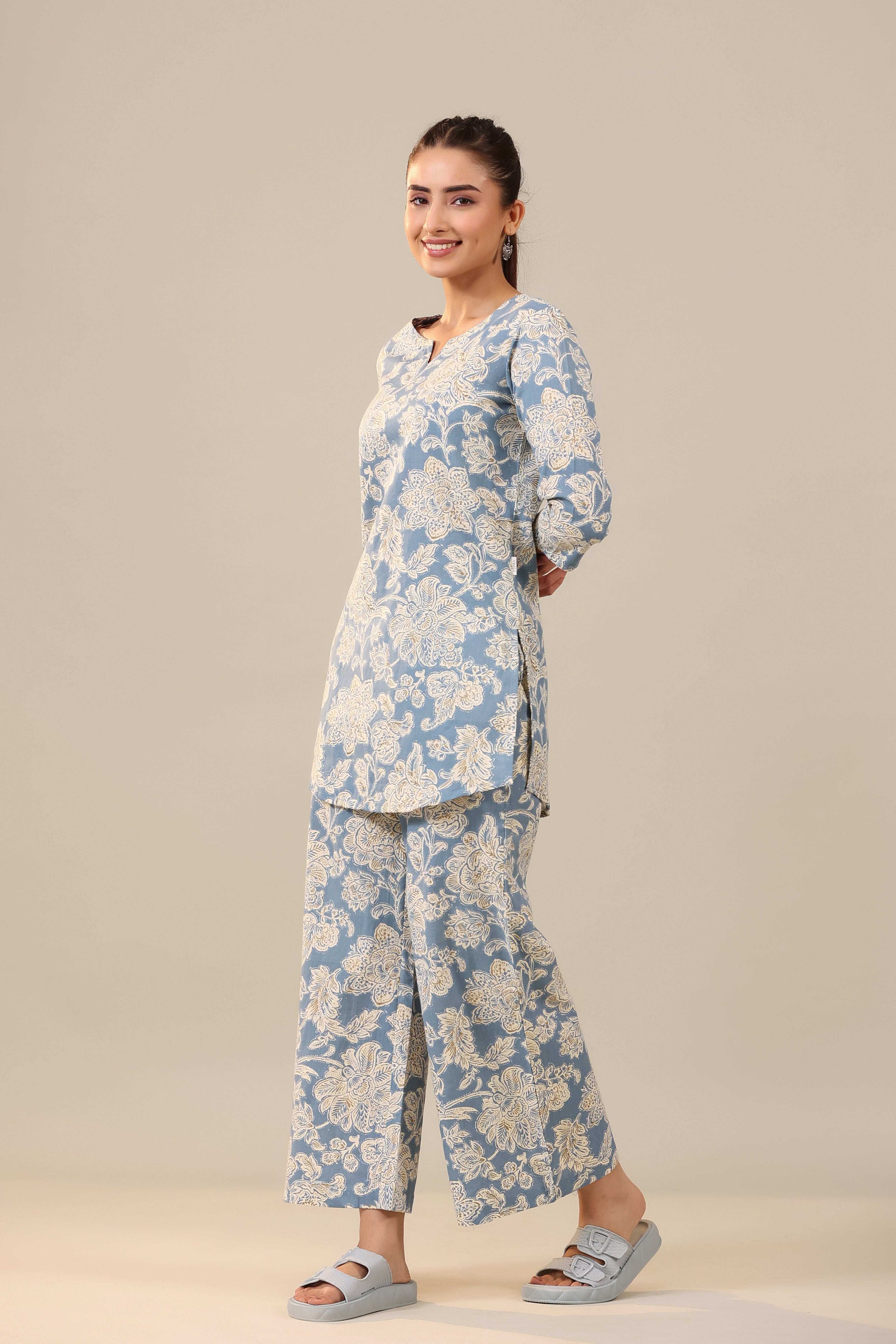 White Jaal on Sea Blue Cotton Flex Palazzo Loungewear Set