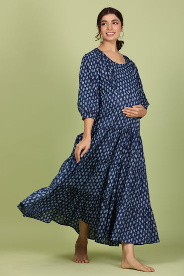Mine4Nine Women's Blue multicolor floral ruffled Midi Rayon Maternity &  Nursing layered Dre… | Maternity dress online, Maternity nursing dress,  Blue maternity dress
