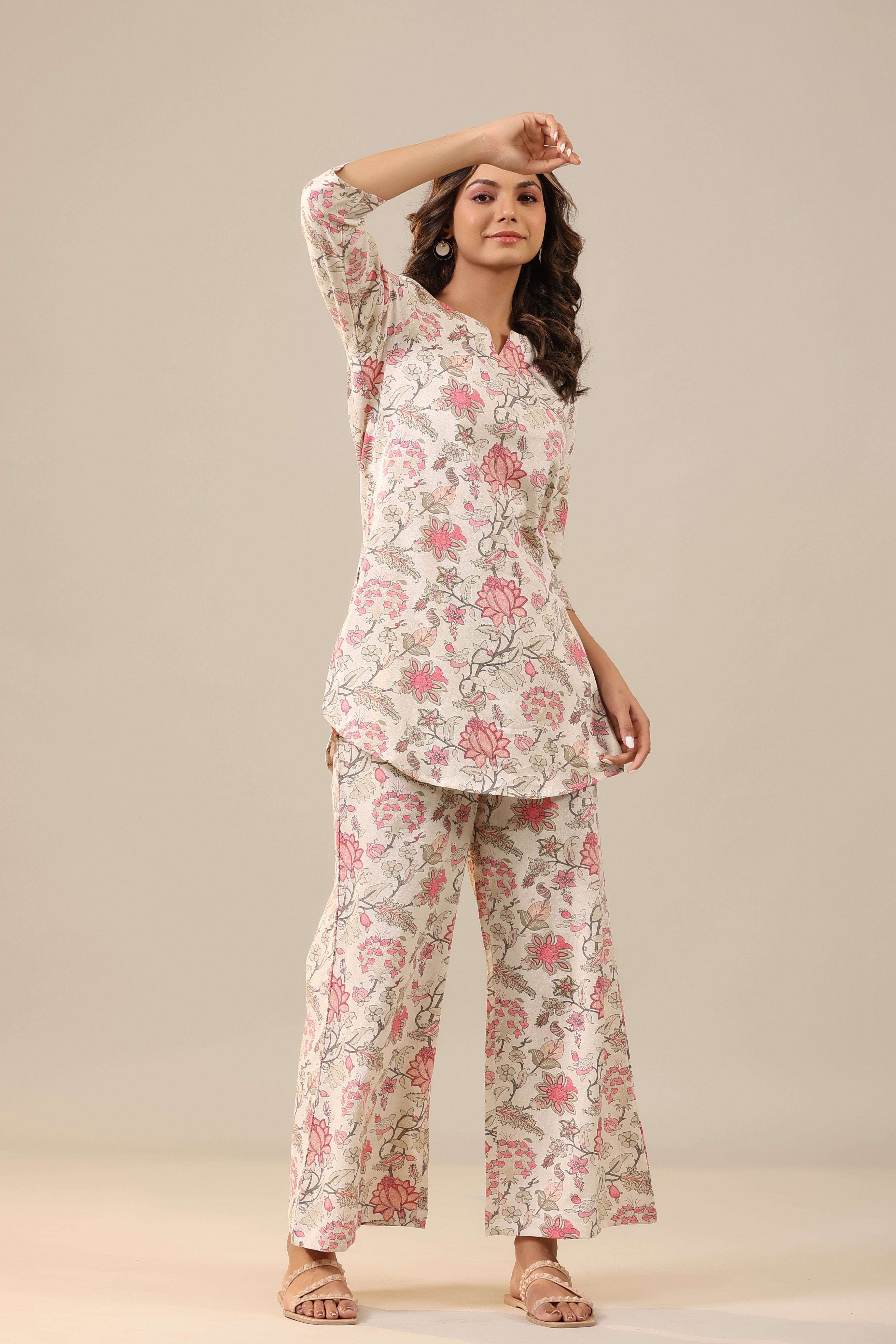 Marigold Pink Jaal on White Cotton Flex Palazzo Co-ord Set