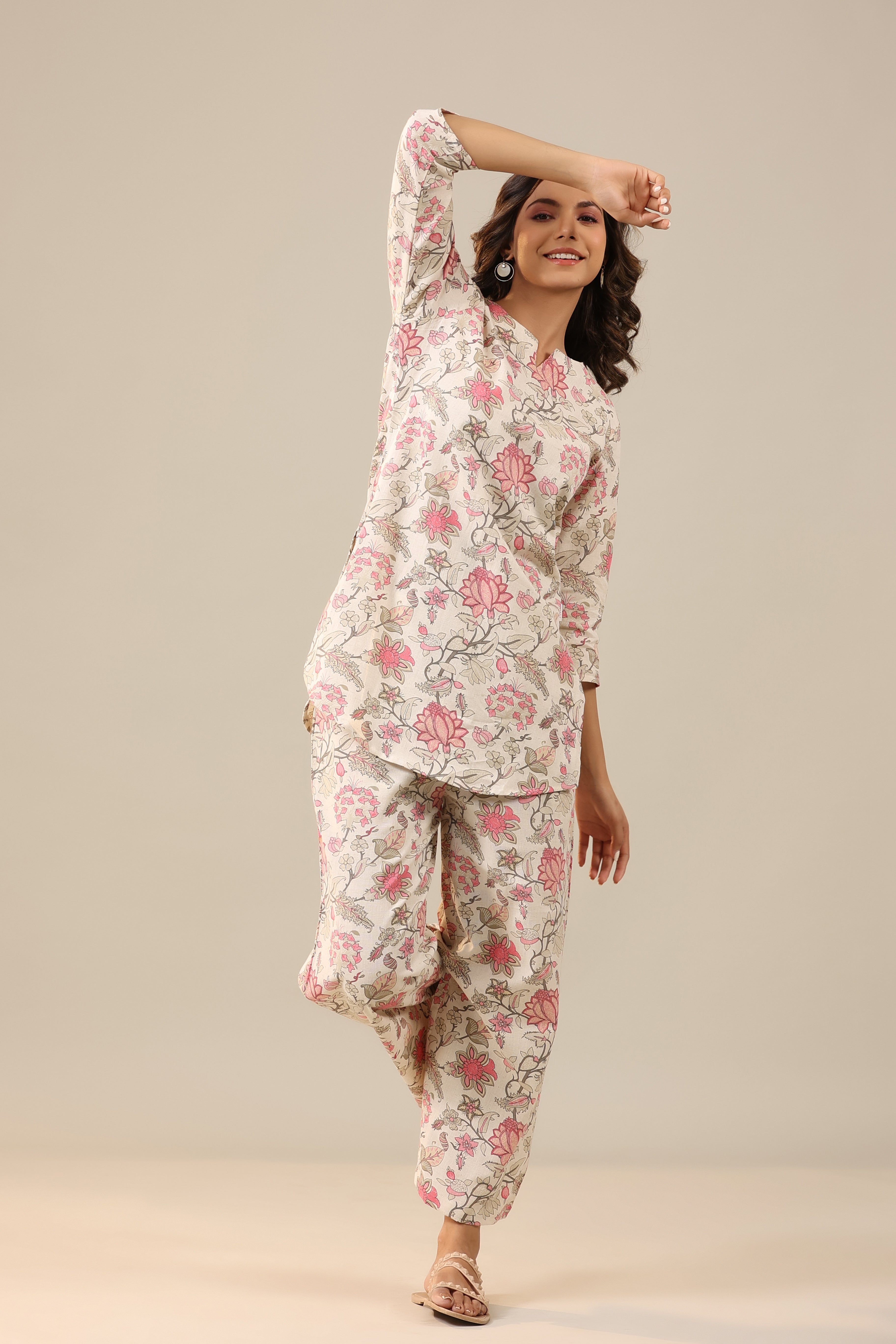 Marigold Pink Jaal on White Cotton Flex Palazzo Co-ord Set