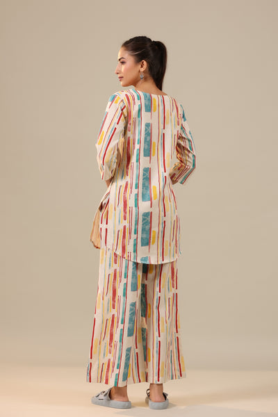 Parallel Abstract Lines on Off White Khadi Cotton Loungewear Palazzo Set