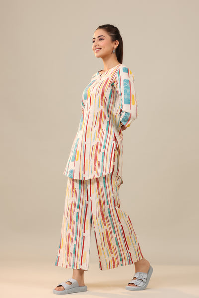 Parallel Abstract Lines on Off White Khadi Cotton Loungewear Palazzo Set