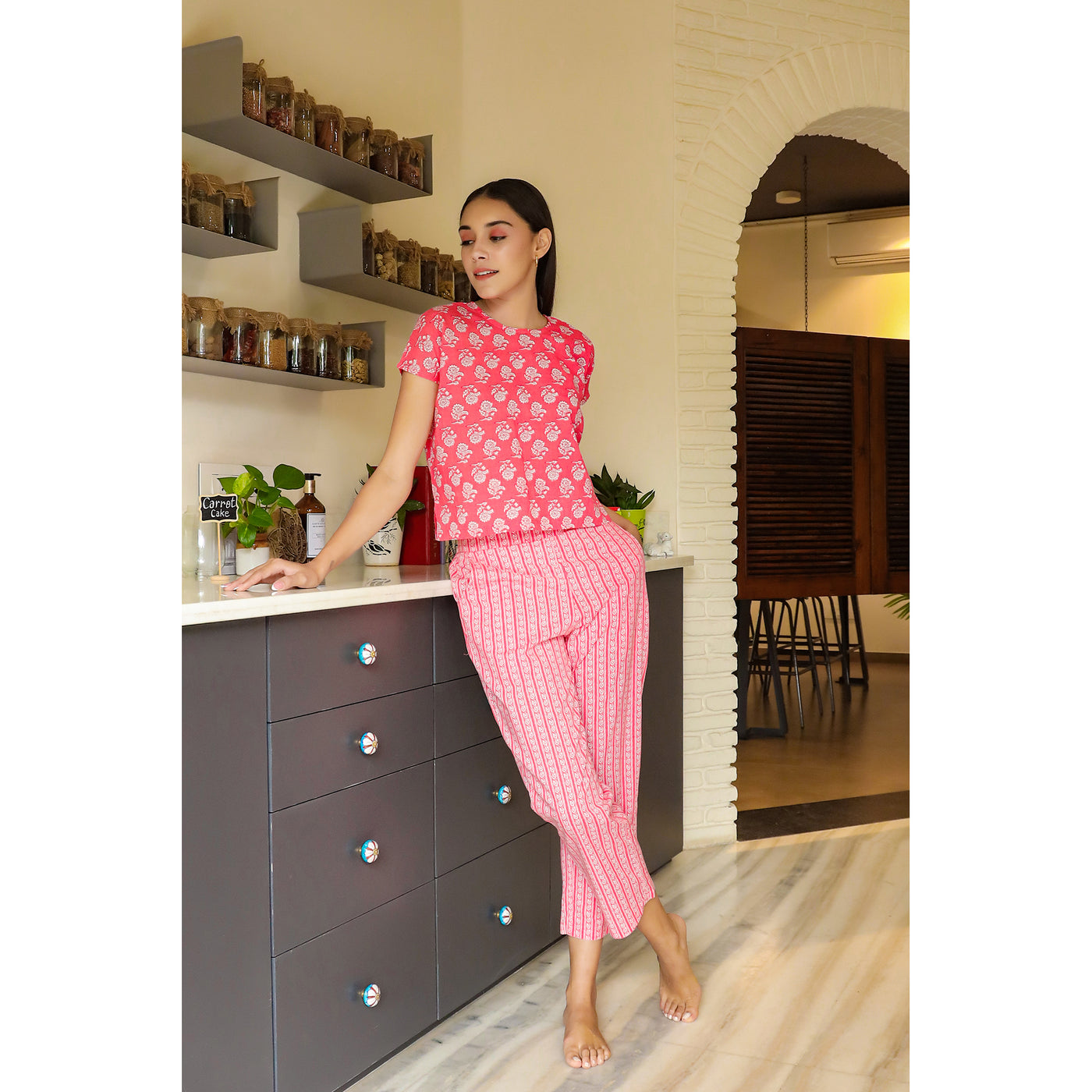 Loungewear Set In Pink stripes Print