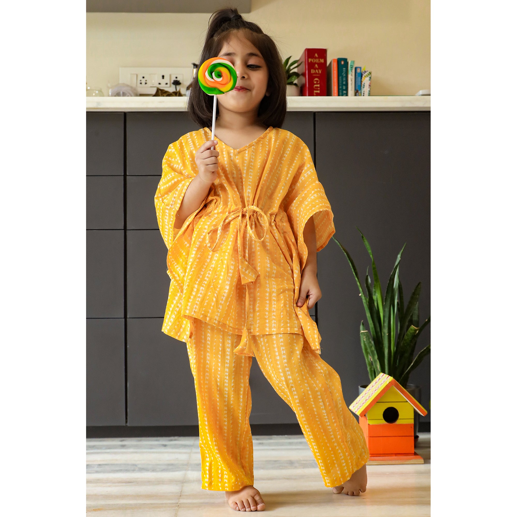 Hand Crafted Shibori on Yellow Kids Kaftan Pyjama Set