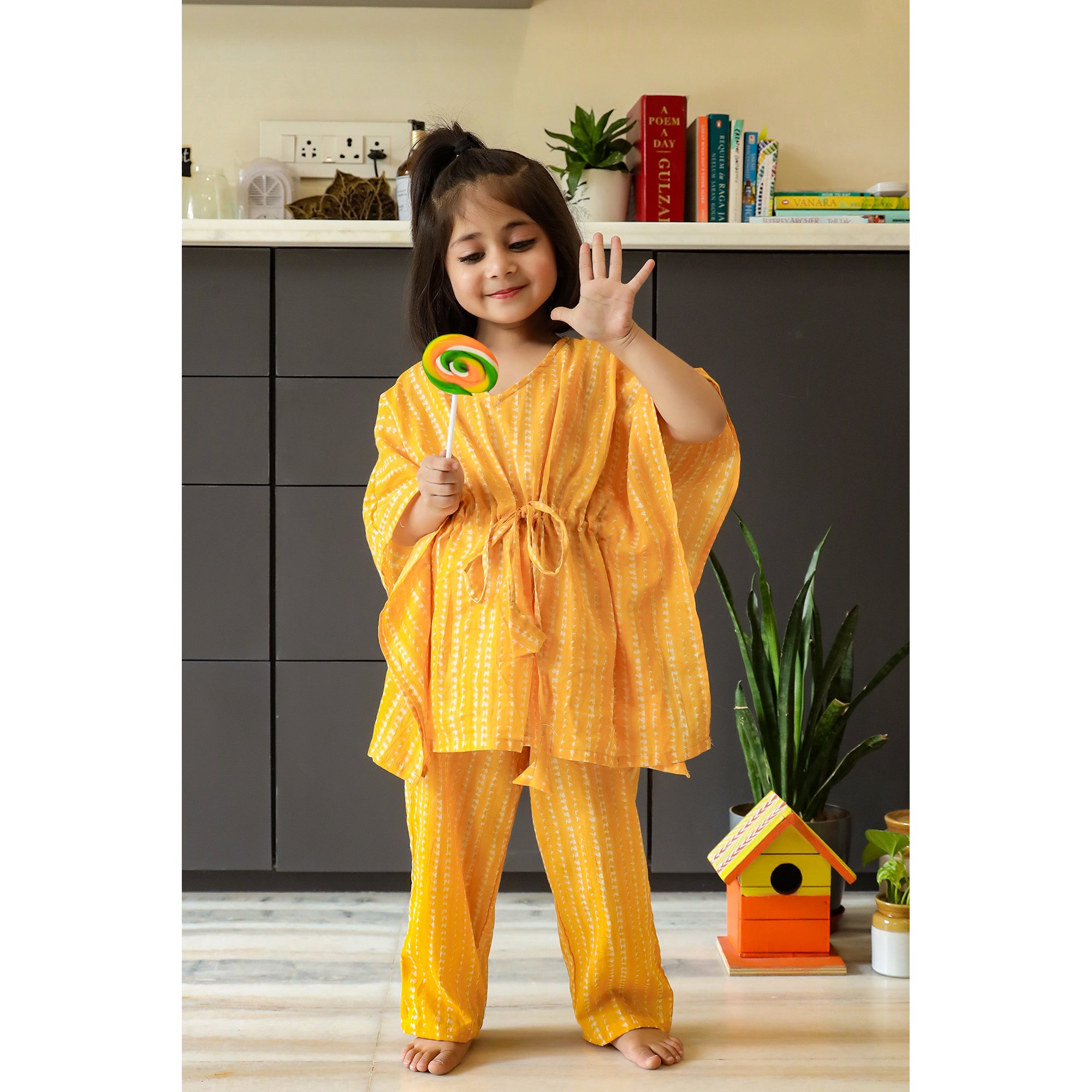 Hand Crafted Shibori on Yellow Kids Kaftan Pyjama Set