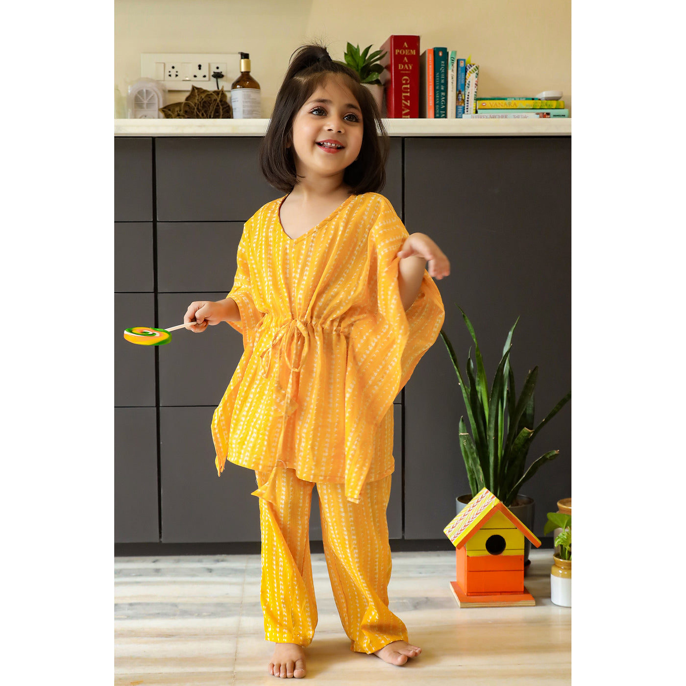 Hand Crafted Shibori on Yellow Kids Kaftan Pyjama Set